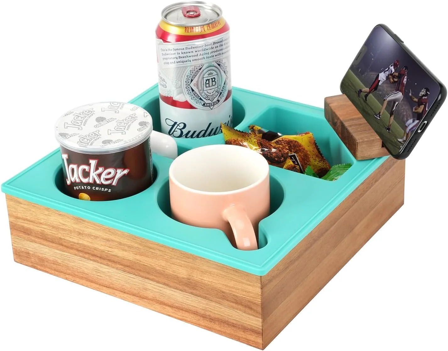 Proven Couch Cup Holder Tray Handy Soft Silicone Acacia Wooden Couch Caddy for Bed Car Seat Beach Organizer Premium