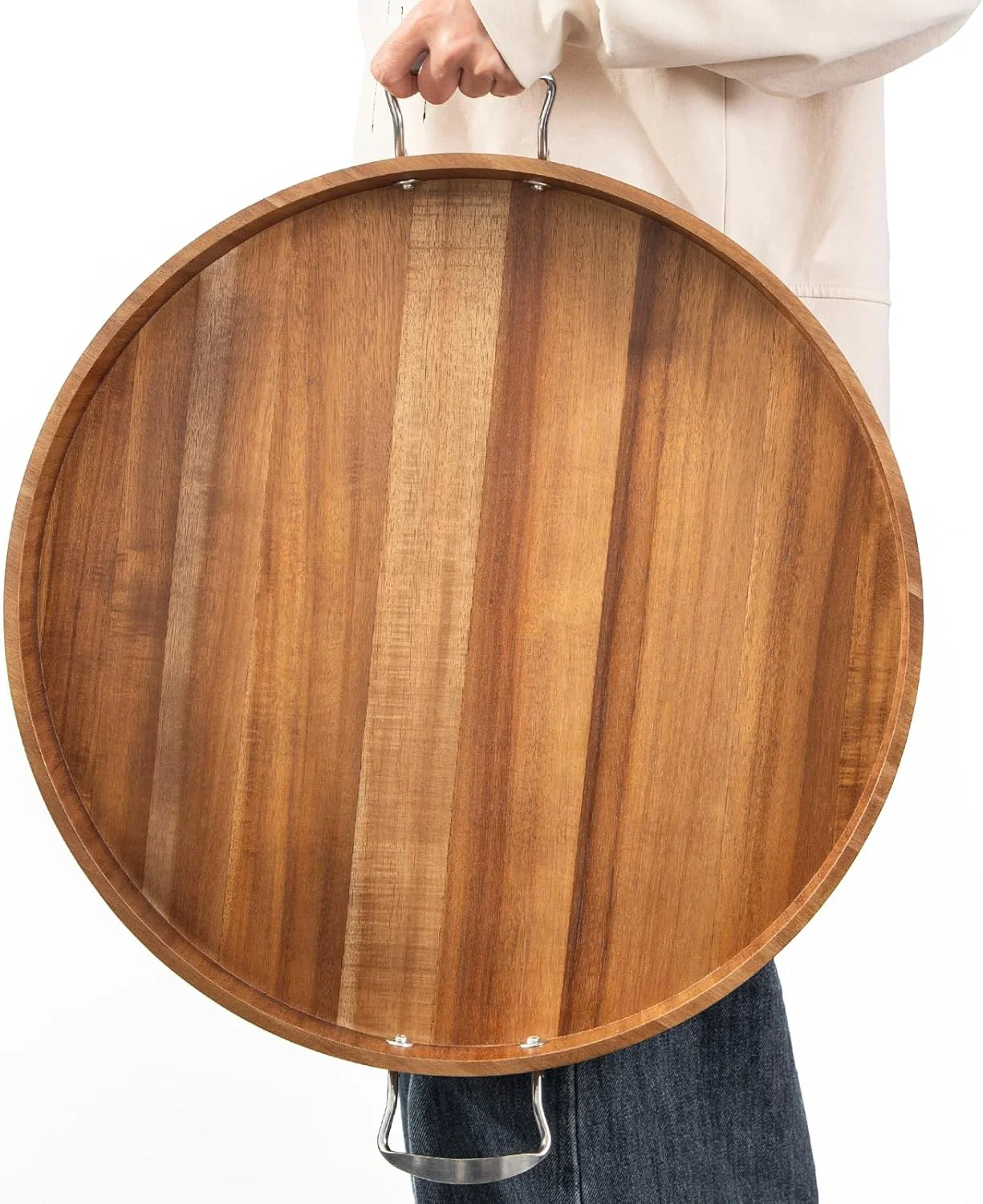 High-Quality Ottoman Tray with Handles 20 Inch Round Ottoman Tray Large Trays for Ottomans Wooden Serving Tray Decorative Trays for Living Room Party Breakfast Original