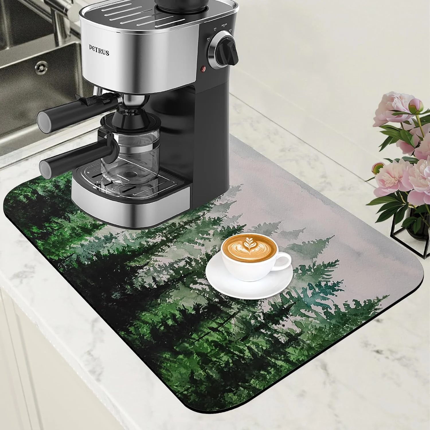 Smart Dish Drying Mat Watercolor Foggy Forest Coffee Bar Mat for Countertop Absorbent Rubber Backed Hide Stain Dish Drainer Rack Pad Coffee Maker Espresso Machine Dining Room Decor 11.8 x 19.7 Inch Casual