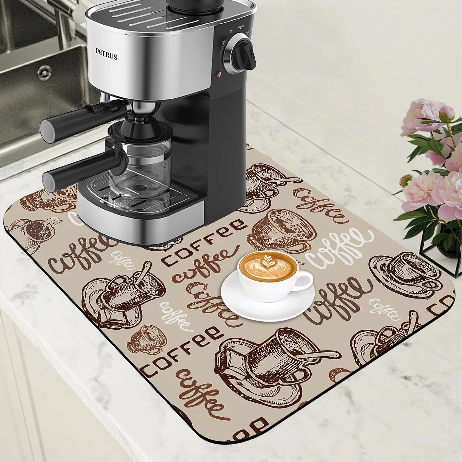 World-Class Coffee Cup Dish Drying Mat Cute Doodle Coffee Bar Mat for Countertop Absorbent Rubber Backed Hide Stain Dish Drainer Rack Pad Espresso Machine Dining Room Decoration 11.8 x 19.7 Inch Pure