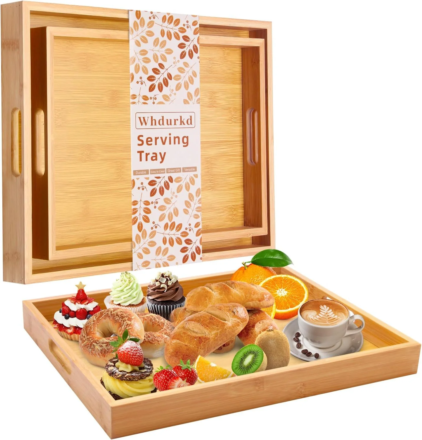 Fast Wooden Serving Tray with Handles Bamboo Decorative Large Coffee Table Food Trays for Breakfast Dinner Restaurants Party or Home Decor Outdoor Optimized
