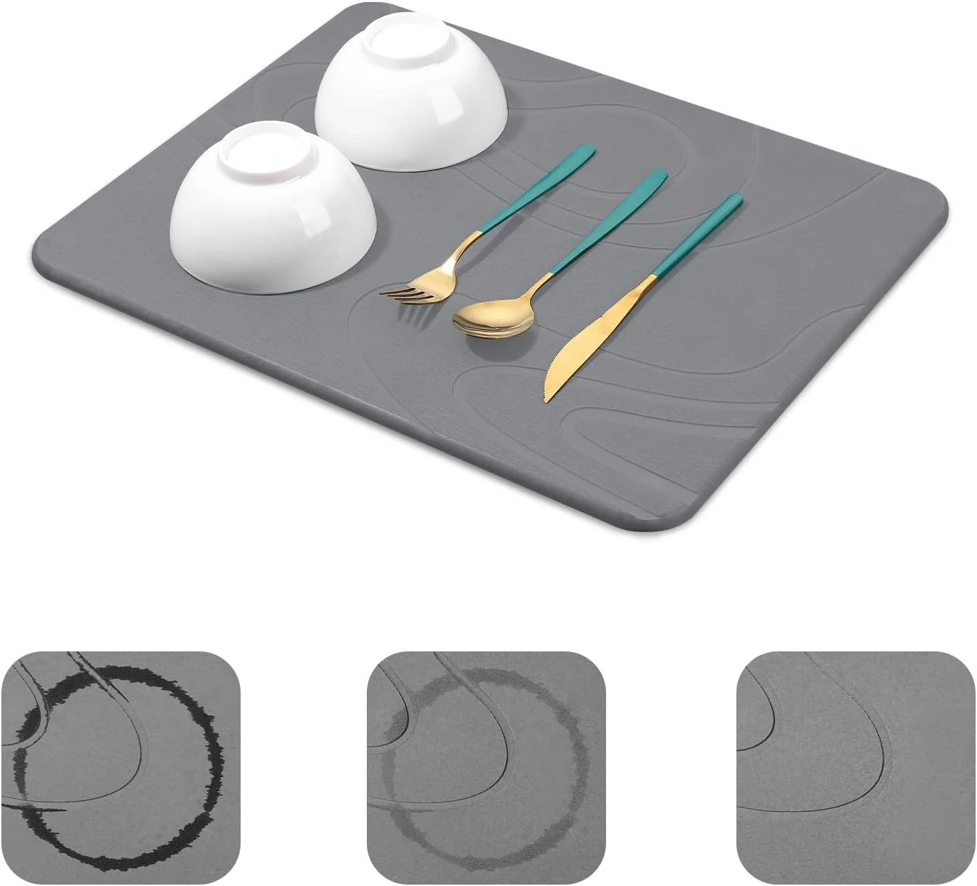 Innovative Snuggery Stone Drying Mat for Kitchen Counter 18 x14 Dark Grey Natural diatomaceous earth fast absorption quick drying one-piece design for dishes or under dish racks non-slip base Reusable
