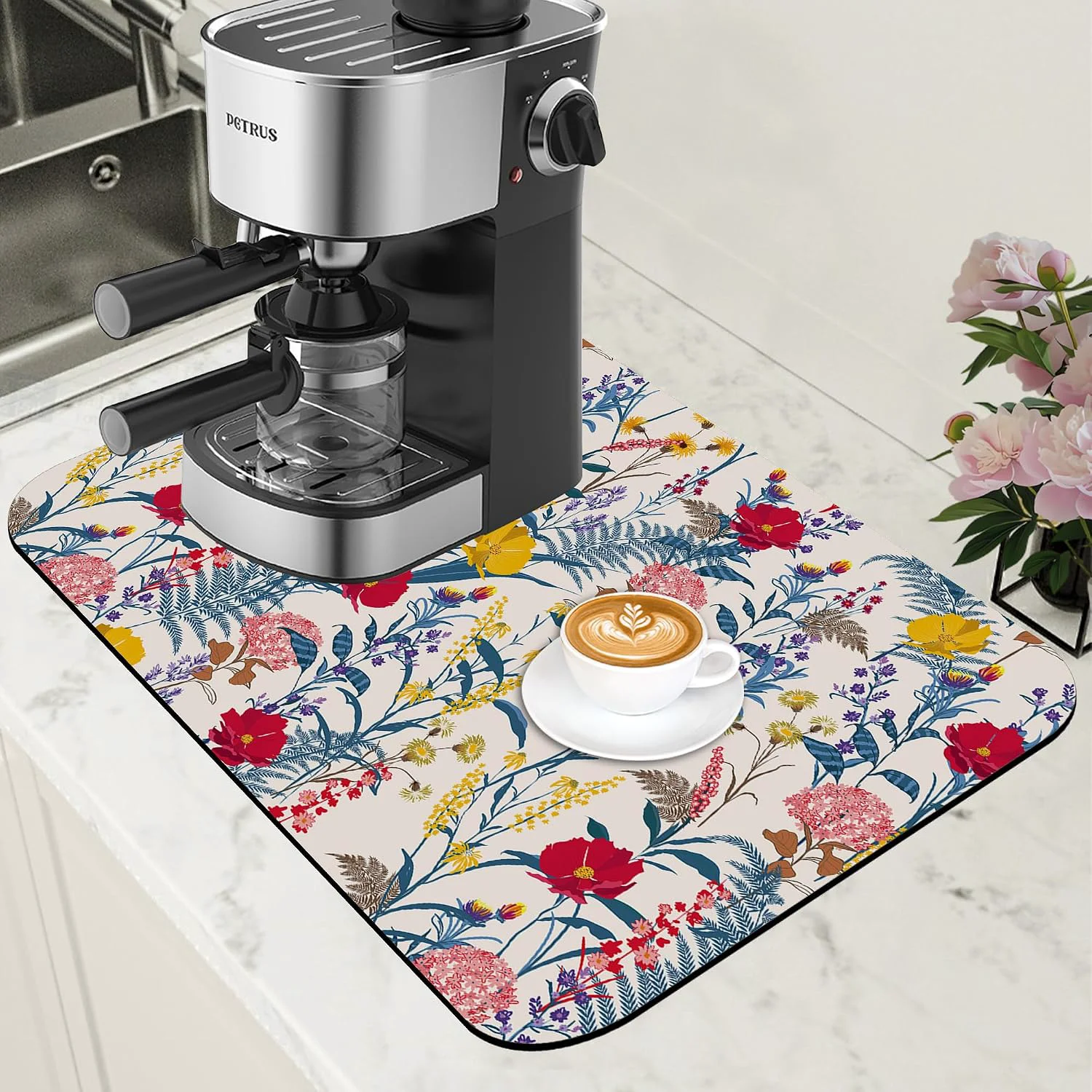 Prestigious Botanical Dish Drying Mat Spring Flowers Coffee Bar Mat for Countertop Absorbent Rubber Backed Hide Stain Dish Drainer Rack Pad Espresso Machine Cafe Table Dining Room Decor 11.8 x 19.7 Inch Original