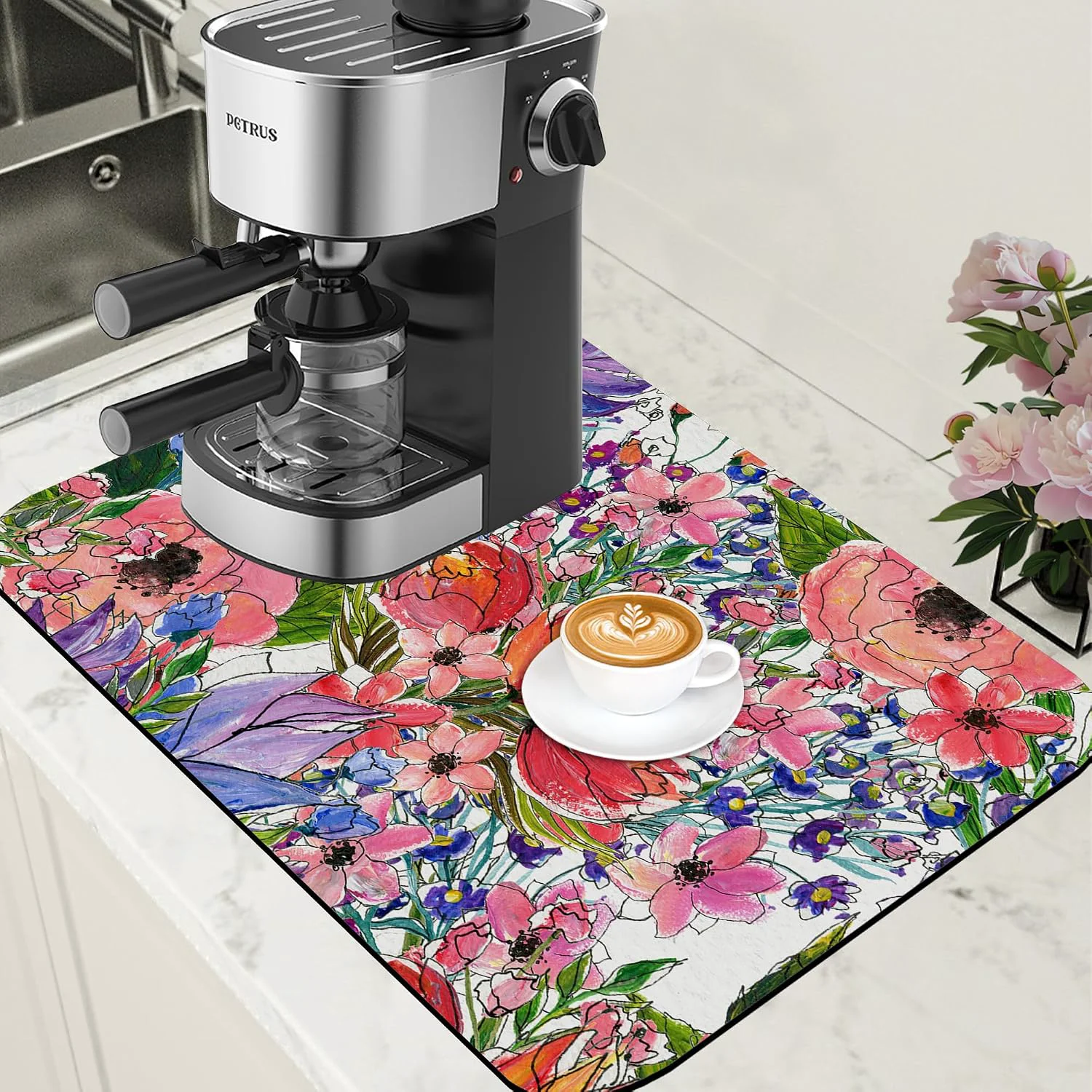 Fashionable Dish Drying Mat Watercolor Colorful Floral Coffee Bar Mat for Countertop Absorbent Rubber Backed Hide Stain Dish Drainer Rack Pad Coffee Maker Espresso Machine Dining Room Decor 15.7 x 23.6 Inch High-Performance