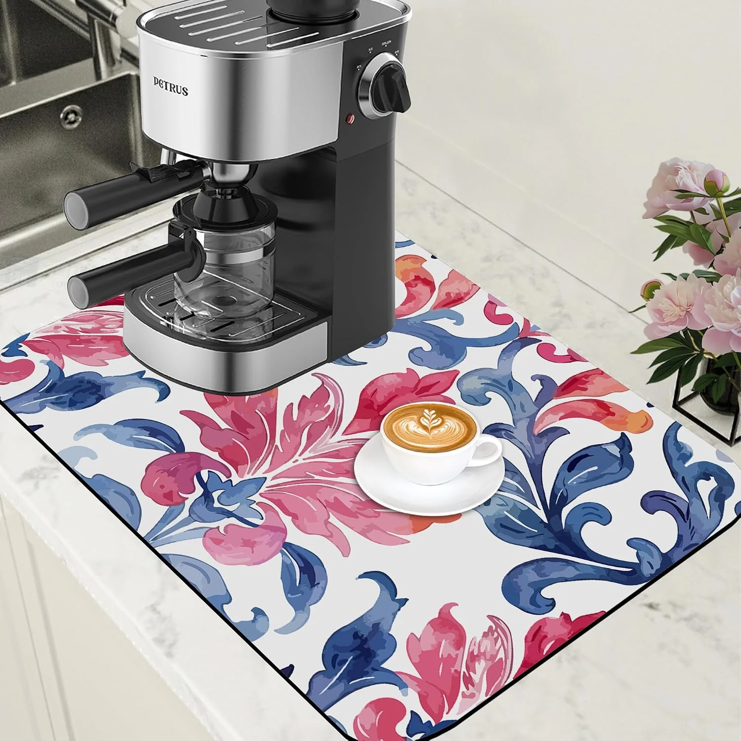 Advanced Blue and Pink Damask Coffee Mat Absorbent Dish Drying Mat for Kitchen Counter Hide Stain Coffee Bar Accessories with Rubber Backed Fit Under Espresso Machine Cafe Table 15.7 x 23.6 Inch Exclusive