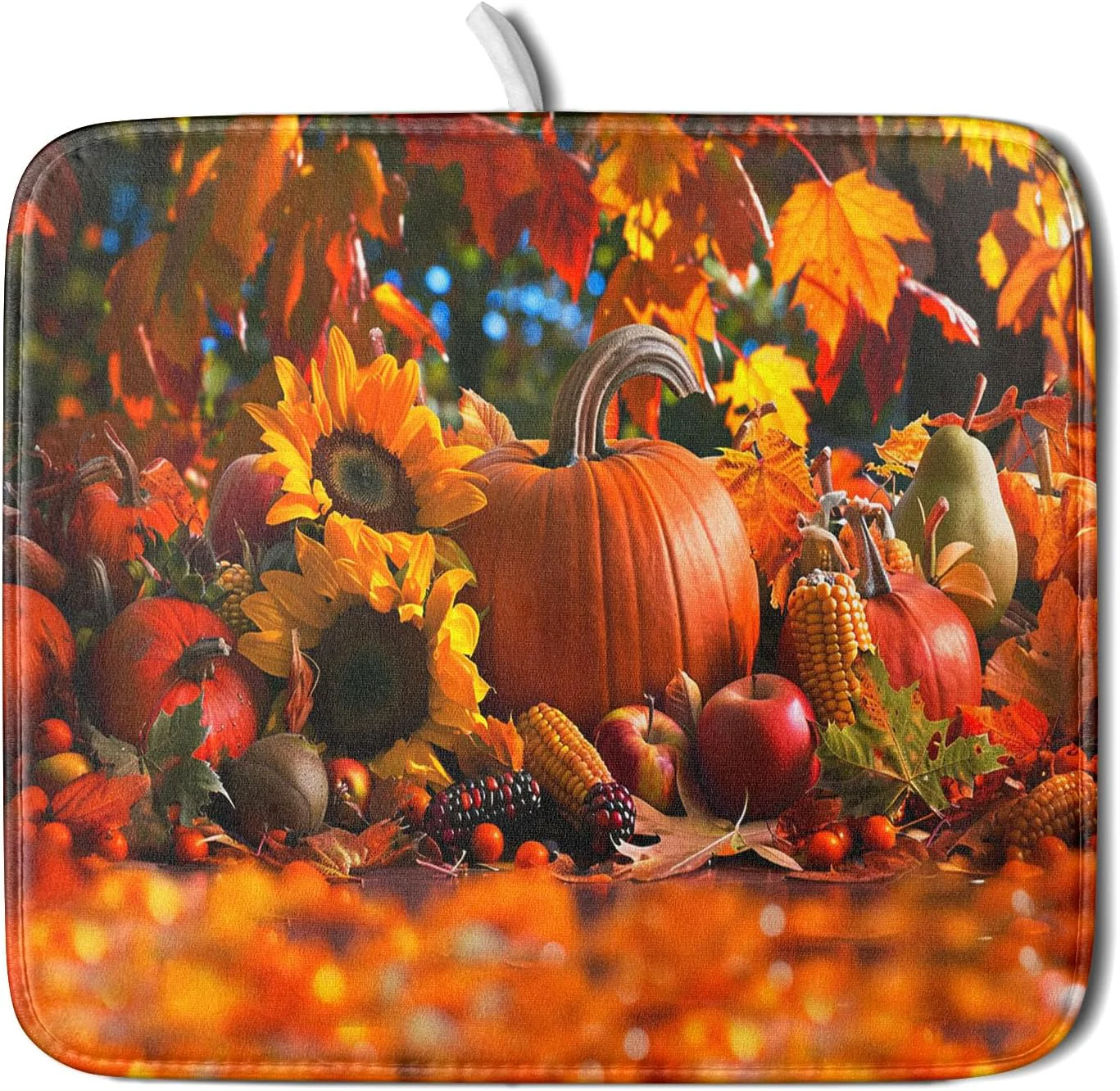 Crafted Fall Harvest Pumpkin Dish Drying Mat for Kitchen Counter Thanksgiving Maple Leaves Sunflower Drying Mat 16 x 18 Inch with Absorbent Reversible Quality