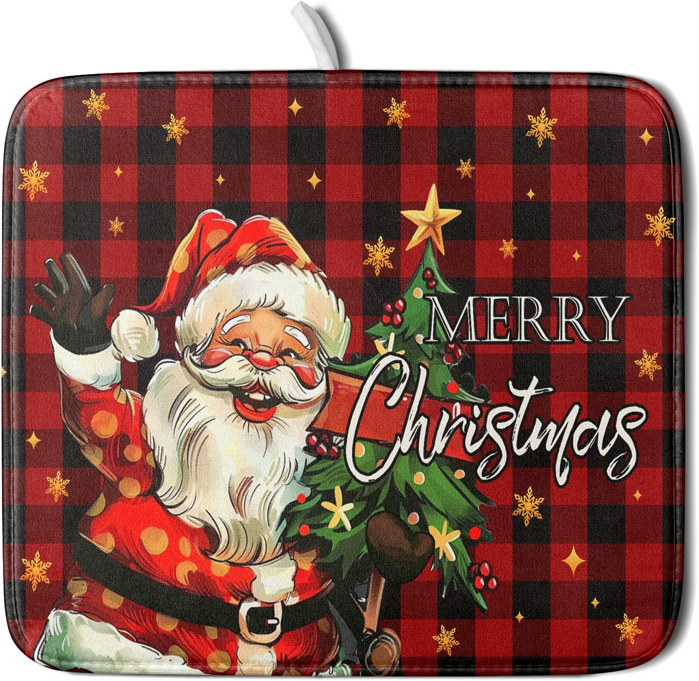 Unique Merry Christmas Santa Claus Red Buffalo Plaid Dish Drying Mat for Kitchen Counter Winter Snowflake Xmas Tree Drying Mat 16 x 18 Inch with Absorbent Reversible Microfiber Dish Drying Pad for Coffee Bar Original Design