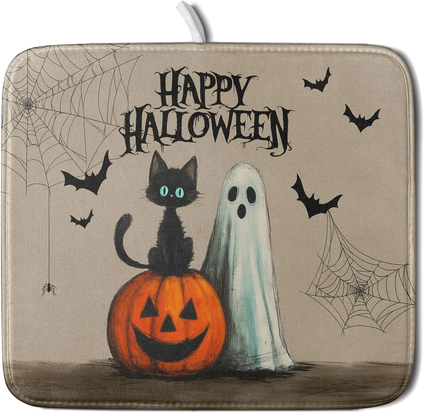 Breathable Happy Halloween Black Cat Ghost Dish Drying Mat for Kitchen Counter Halloween Pumpkin Spiderweb Bat Drying Mat 16 x 18 Inch with High Absorbent Responsible