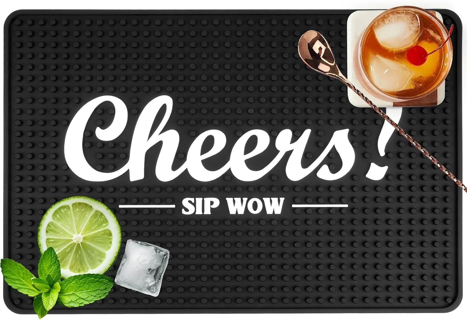 Enhanced Cheers Bar Mat for Countertop 18in x 12in Large - Thick Durable Non-Slip Spill Rubber Bar Mats for Bartending Professional