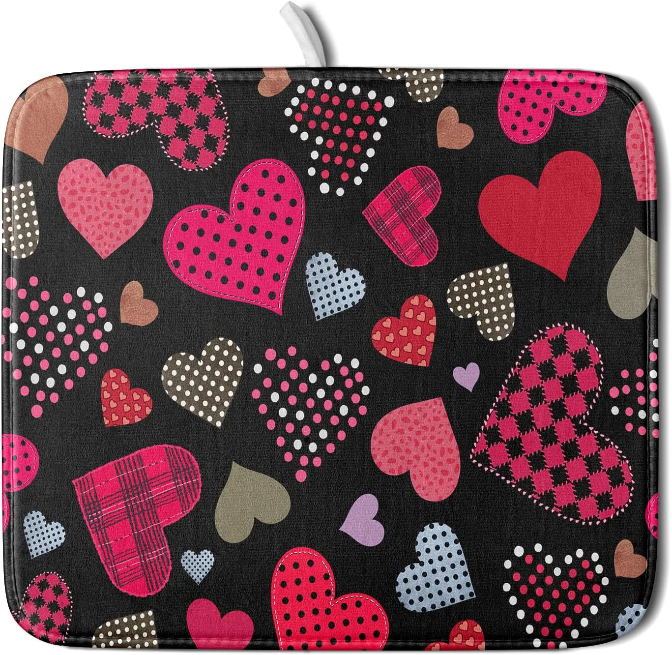 Fast Happy Valentine's Day Black Dish Drying Mat for Kitchen Counter Pink Love Heart Drying Mat 16 x 18 Inch with High Absorbent Microfiber Drainer Mat Practical