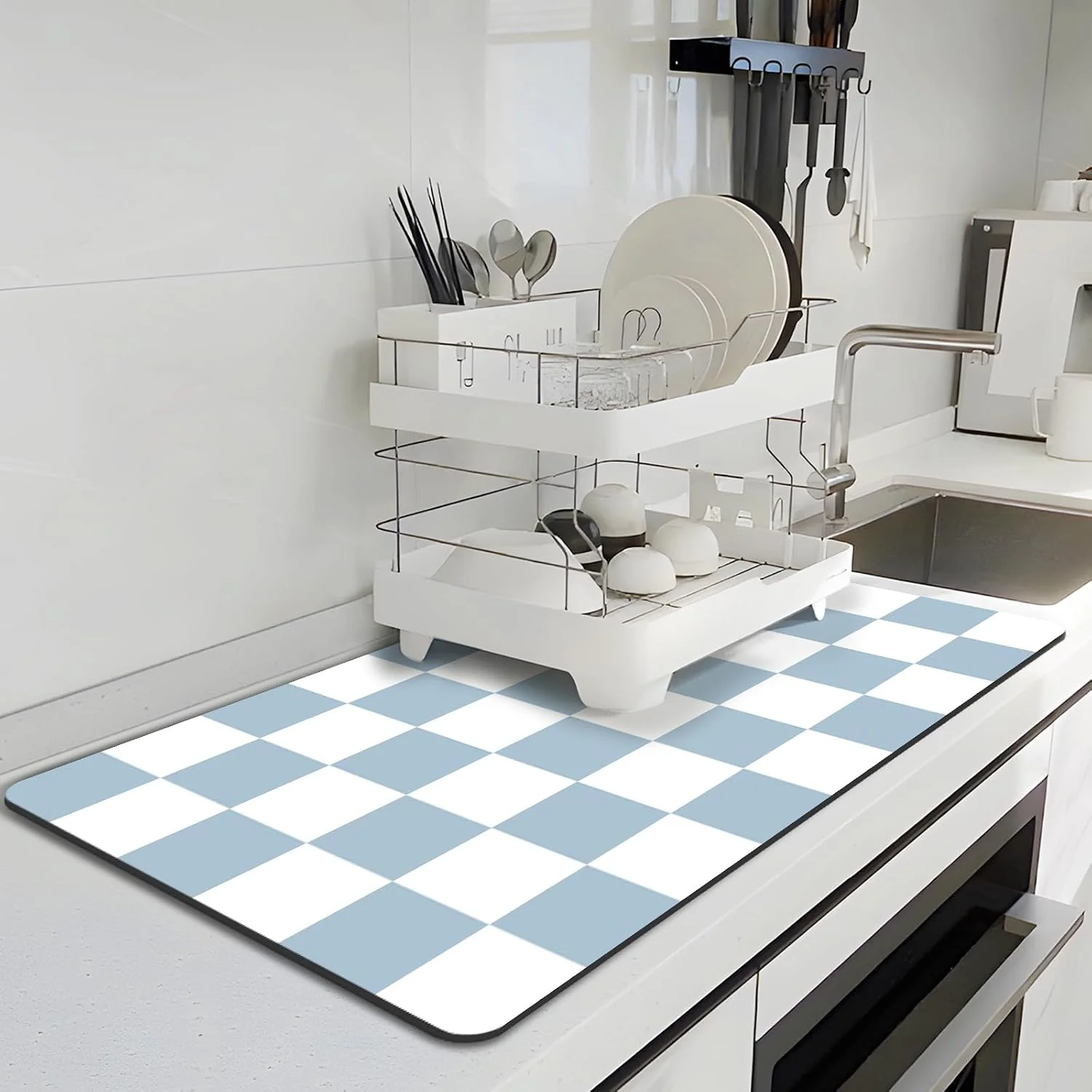 Easy-to-Use Dish Drying Mat for Kitchen 16'' x 24'' Checkered Coffee Bar Mat for Countertops Coffee Station Mat with Non-slip Rubber Backed Absorbent Dish Dying Pat for Kitchen Counter Blue amp White High-Performance