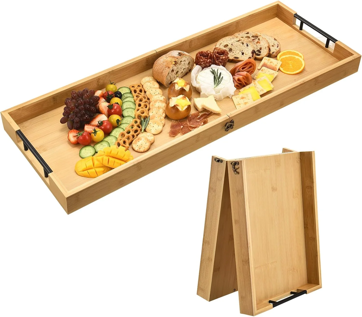 Exclusive Large Charcuterie Board with Handles 32 x 12 Inch Foldable Bamboo Serving Cheese Boards - Serving Platter for Meat Party Appetizers Outdoor Fruit World-Class