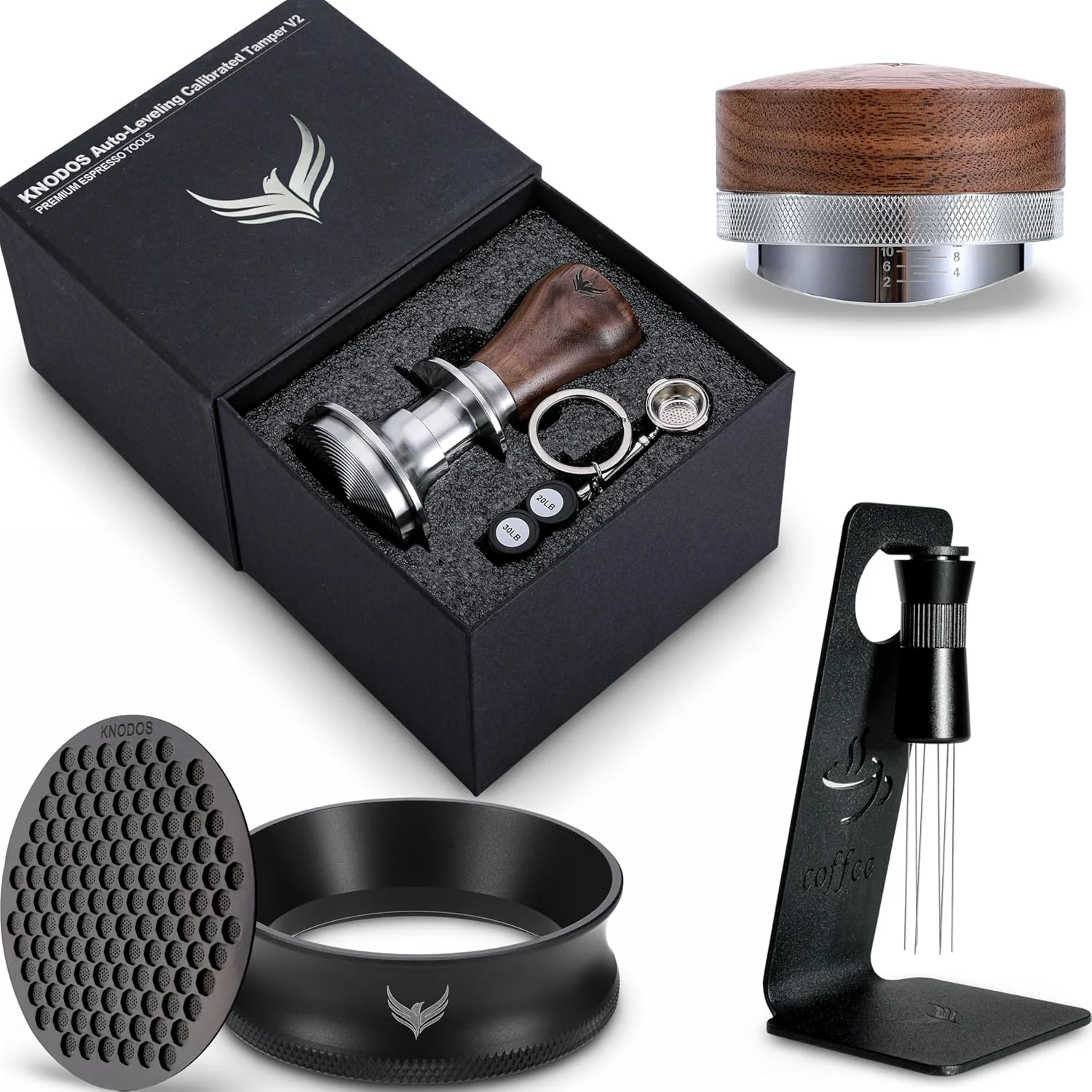 Excellent 58mm Espresso Must Haves Tools Portafilter Funnel Self Leveling Tamper Coffee Distributor Espresso Needle Whisk and Puck Screen Premium Material
