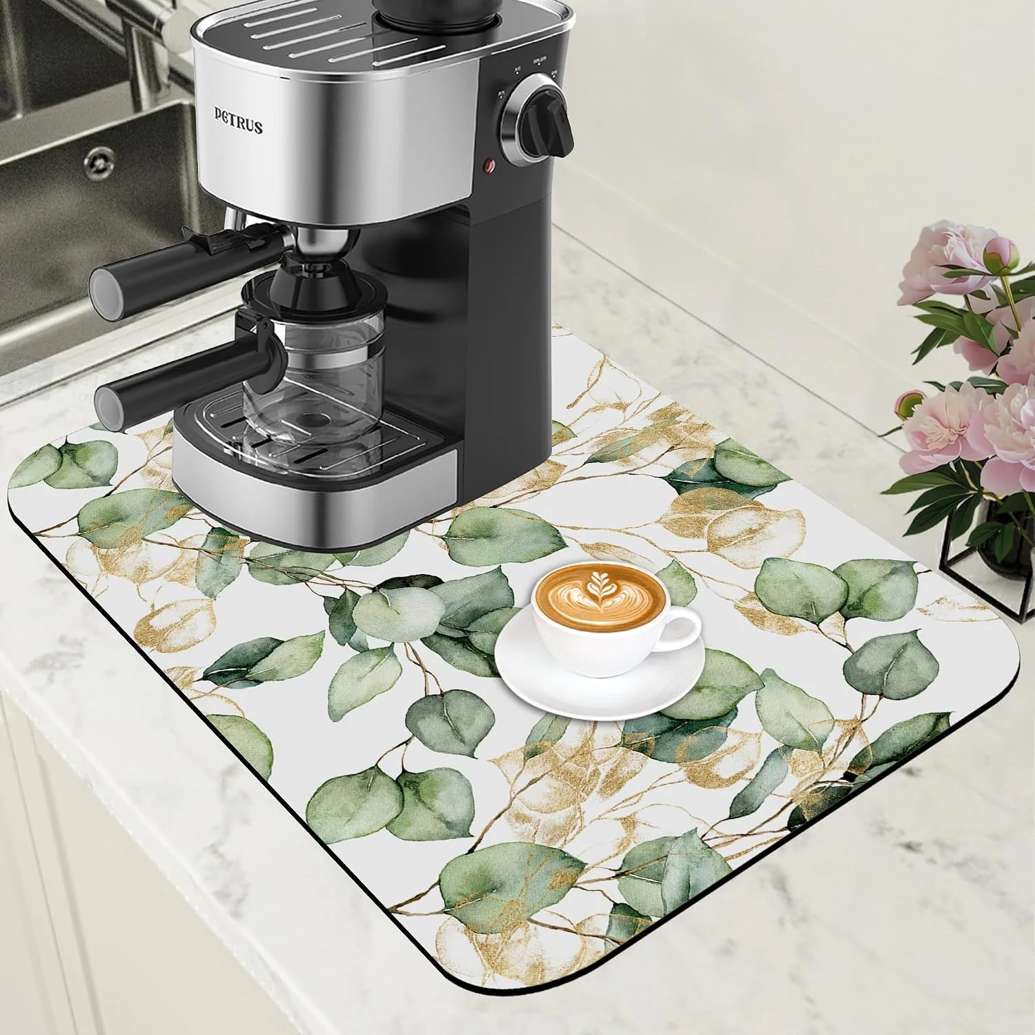 Breathable Gold and Green Eucalyptus Leaf Dish Drying Mat for Kitchen Counter Coffee Bar Mat Hide Stain Absorbent Rubber Backed Coffee Mat Coffee Maker Espresso Machine Coffee Bar Accessories 11.8 x 19.7 Inch Natural