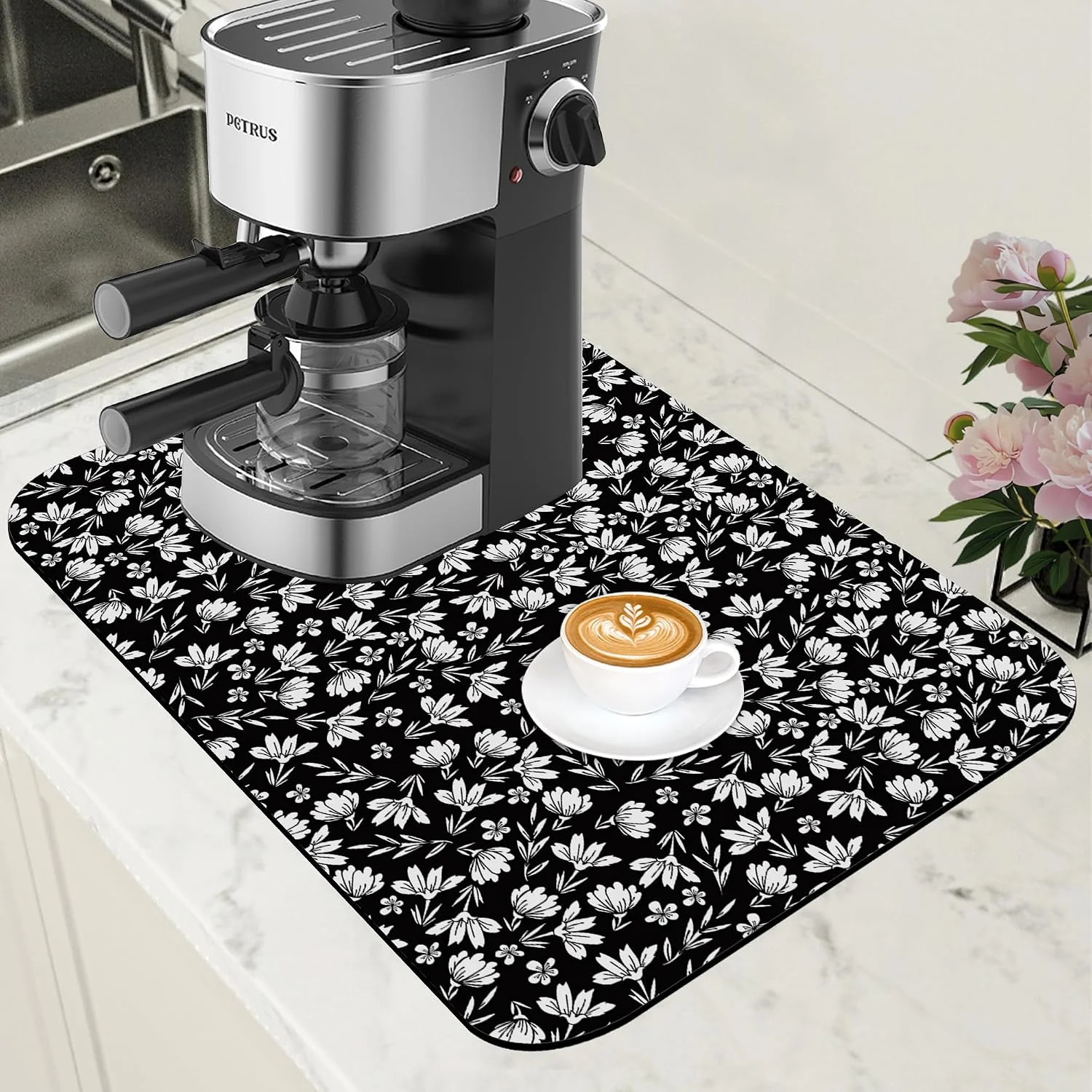 Functional Black and White Flowers Dish Drying Mat for Kitchen Counter Coffee Bar Mat Hide Stain Absorbent Rubber Backed Drying Rack Pad Espresso Machine Coffee Bar Accessories 11.8 x 19.7 Inch Luxury