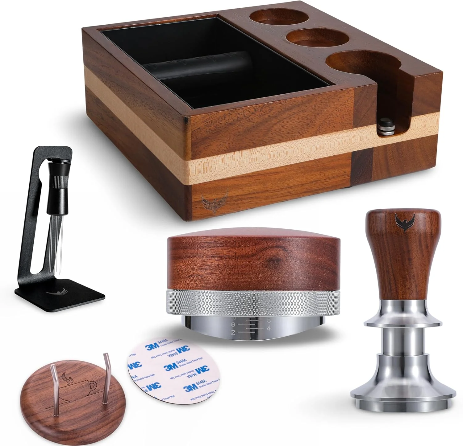 Professional 51mm Espresso Tamper Set Includes Knock Box Coffee Distributor Calibrated Tamper WDT Tool and Portafilter Wall Holder - Premium Espresso Machine Accessories Set Pure