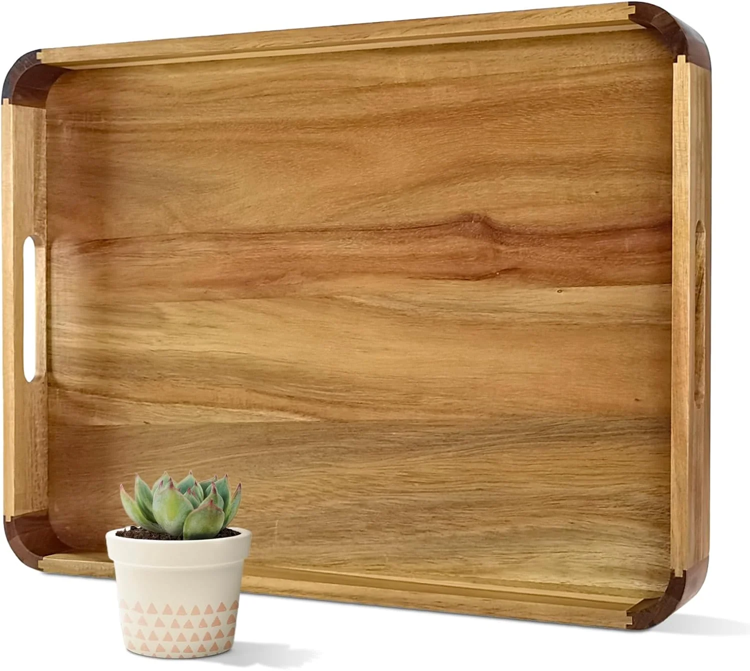 Consistent 22 Inches Acacia Wood Serving Tray with Handles Large Wooden Rectangle Ottoman Tray Nice Home Decor for Living Room Coffee Table Couch Stylish