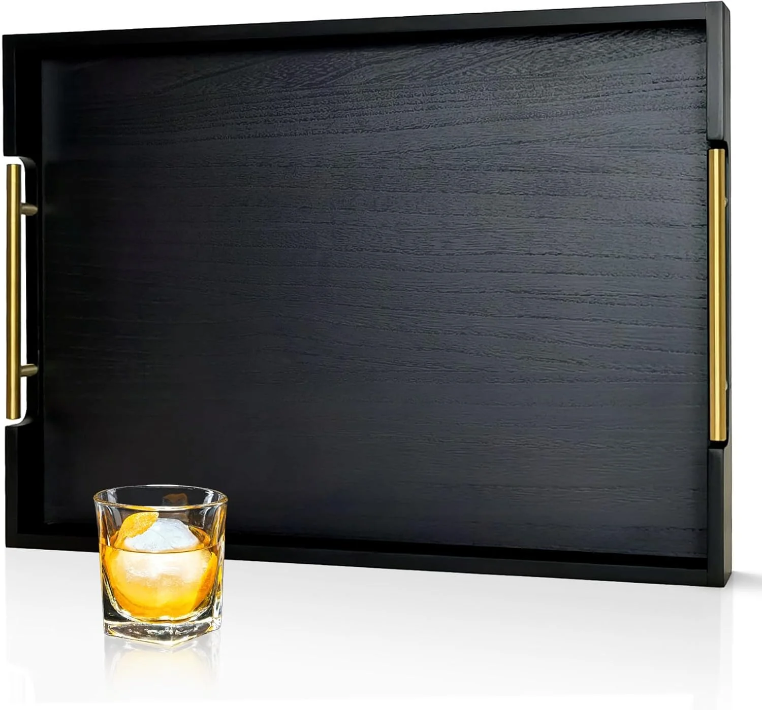 Official 22 Inch Rectangle Black Ottoman Tray with Gold Metal Handles Extra Large Wooden Serving Tray for Living Room Coffee Table Kitchen Hosting Efficient