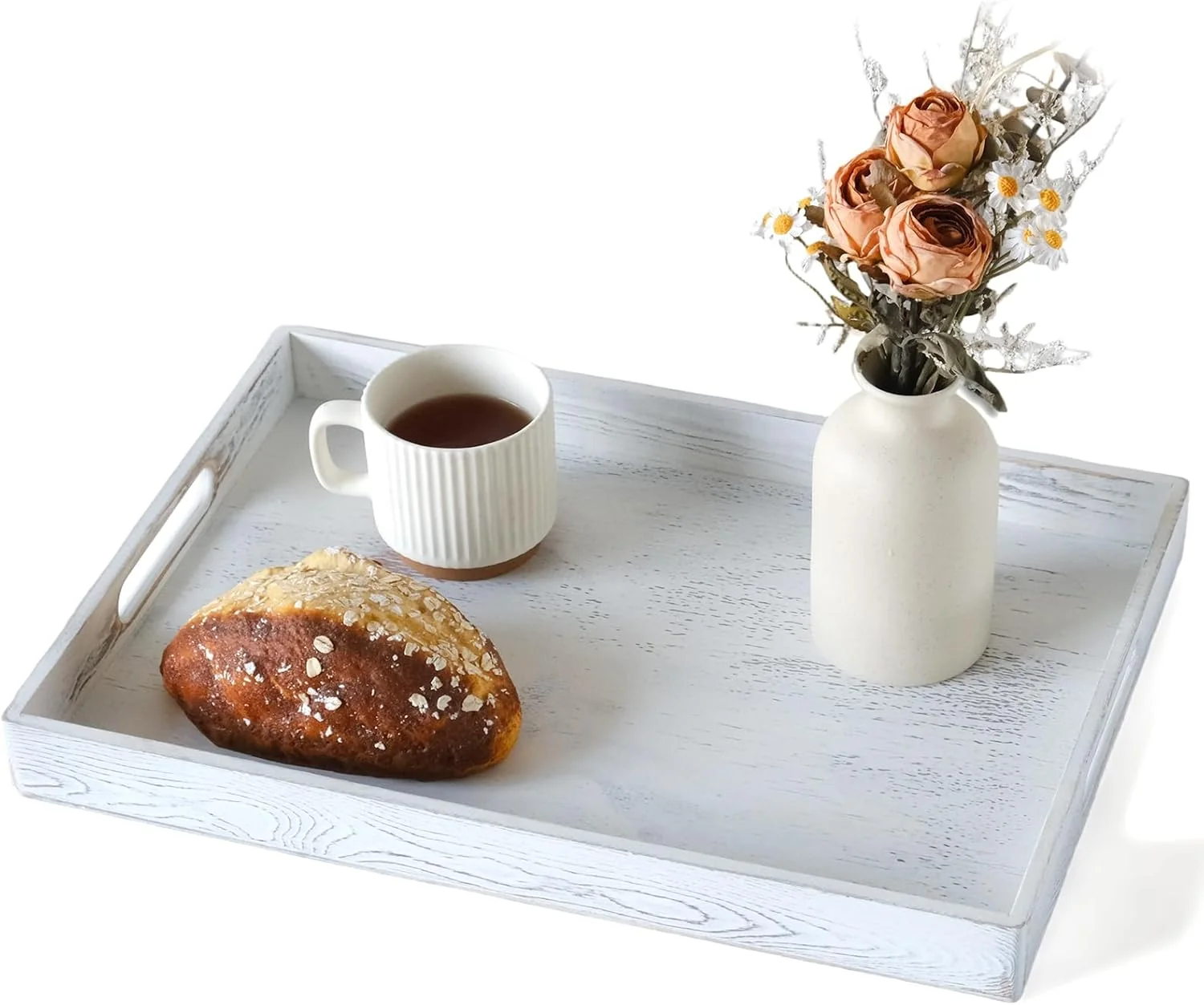 Exceptional S310 Rustic White Wood Serving Tray with Handles 17 Inch Wooden Tray for Ottoman Breakfast Lunch Dinner Top-Quality