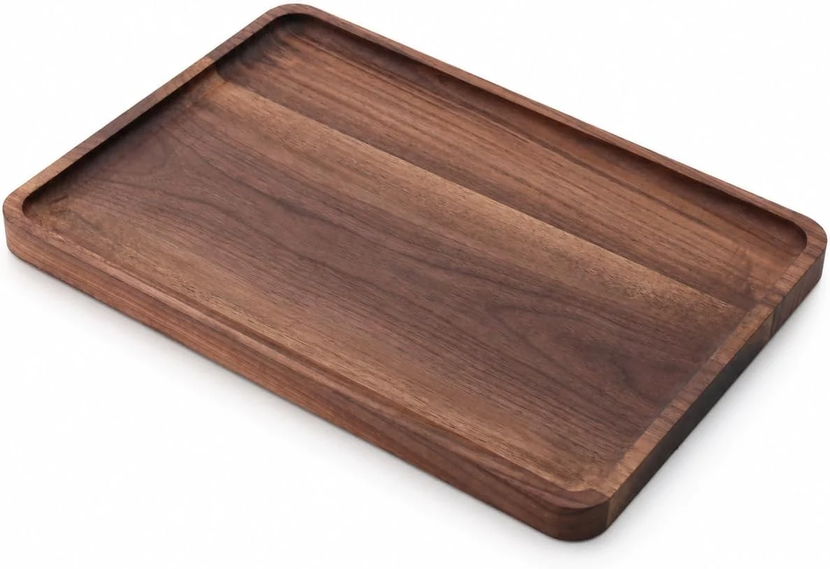Dependable Walnut Wood Serving Tray 13.4 x 9 Inch Rectangular Platter with Raised Rim Elite
