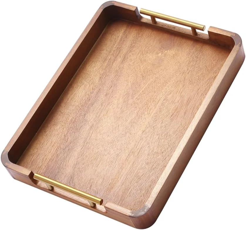 Premium Material Acacia Wood Serving Tray with Handles 17x13 Inch Ottoman Tray for Coffee Table Candle Display Breakfast in Bed Artisan