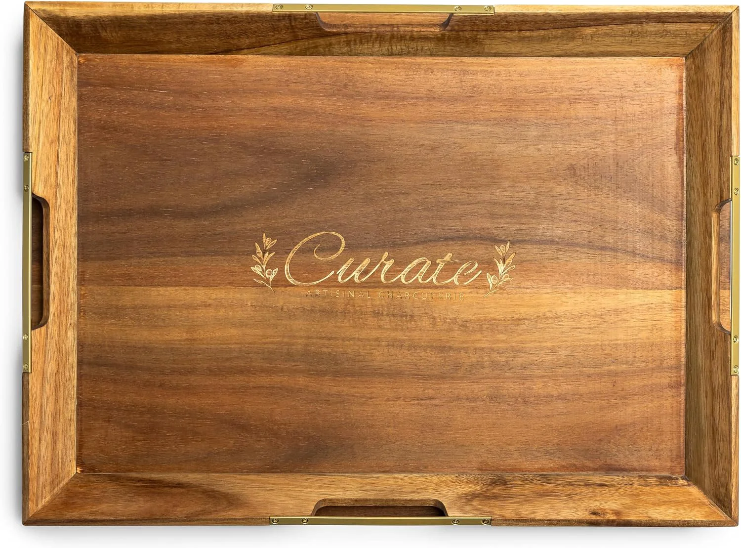 Luxury Curate Medium Acacia Wood Serving Tray with Handles for Coffee Table Breakfast amp Dinner Rustic Decorative Wooden Serving Tray for Kitchen Dining amp Charcuterie Boards 20.8 x 10.8 x 2 Detailed