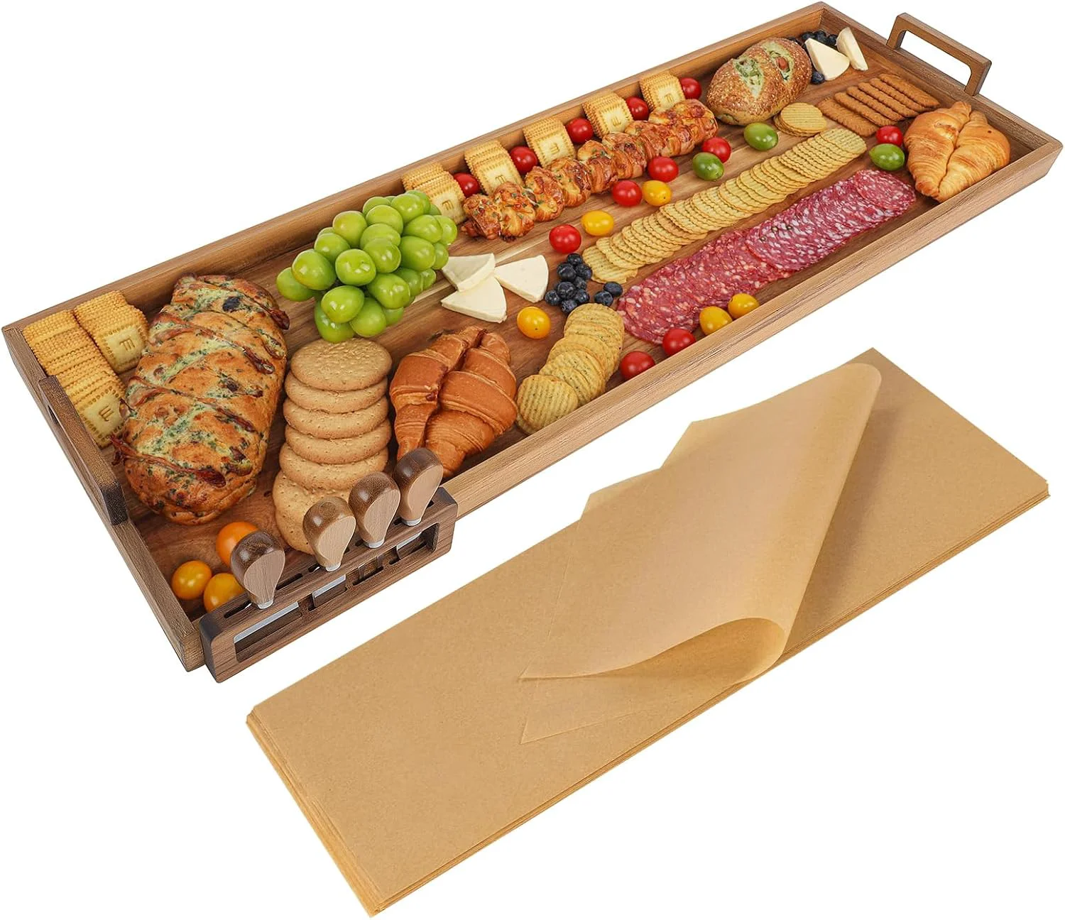 Detailed Acacia Wood Large Charcuterie Board 36x12 Inch with Cheese Knife Set Durable