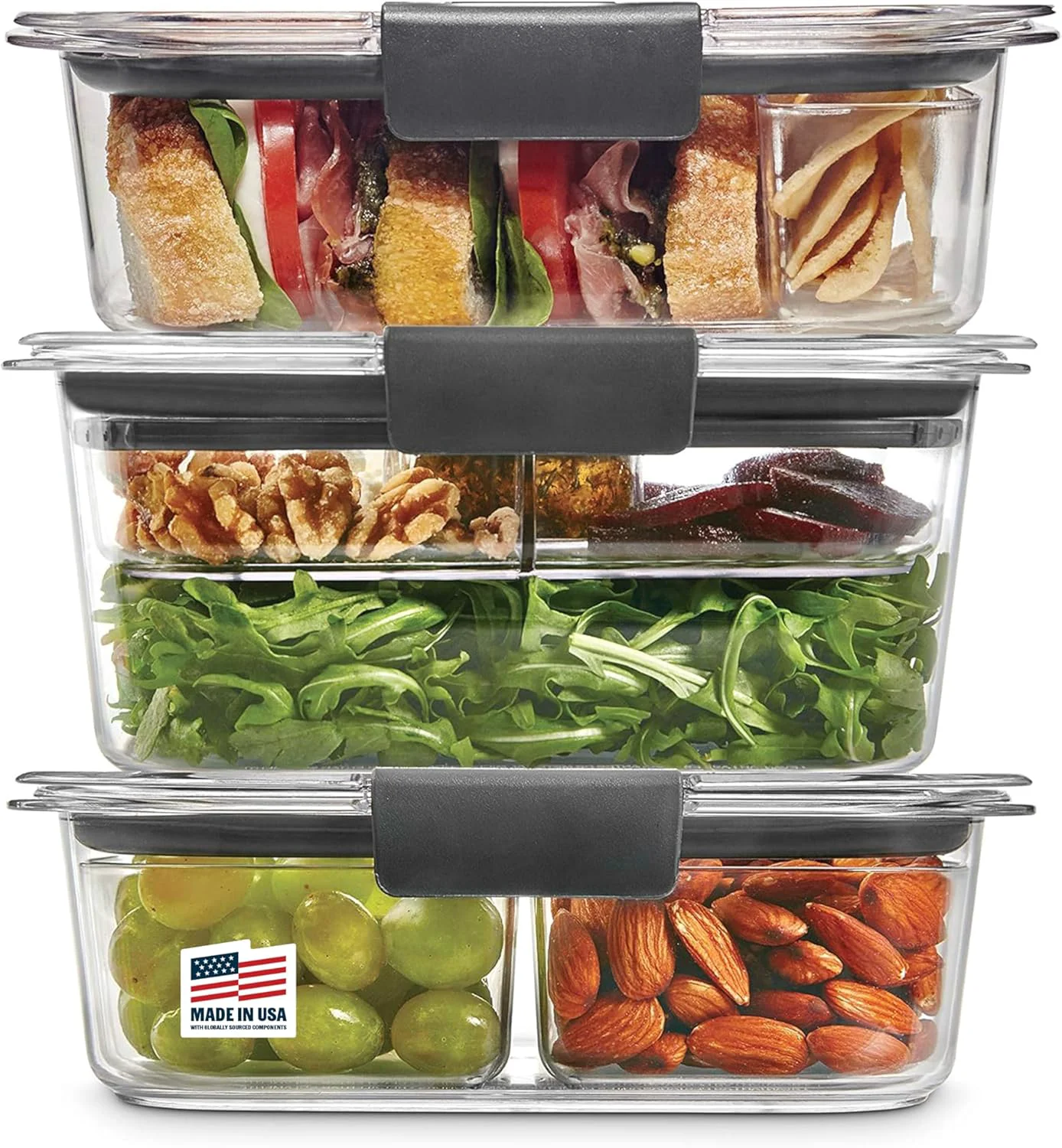 Breathable Rubbermaid Brilliance BPA- 3 Set Food Storage Containers with Lids Removable Trays Airtight Leak-Proof I for Meal Prep Lunch Safe