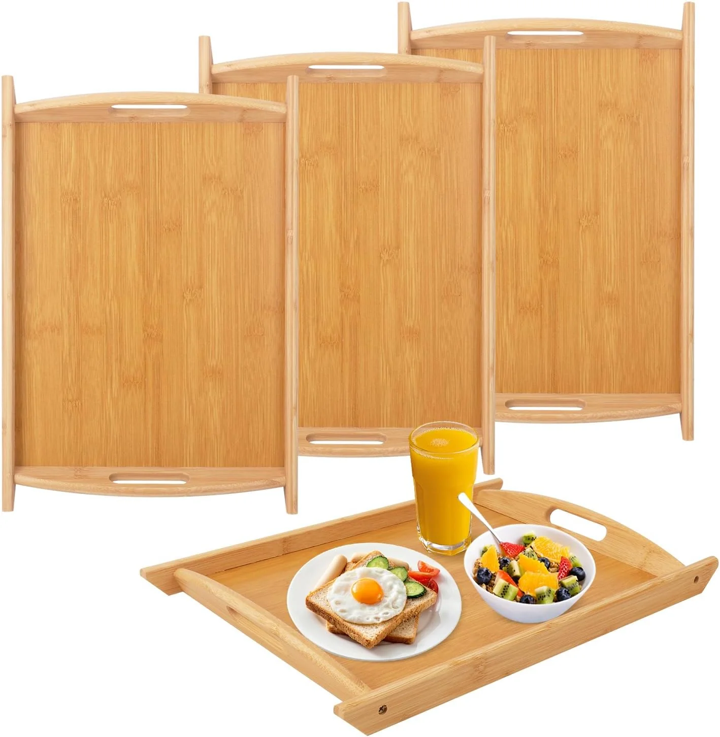 Organic 4 Pack 17.3 Inch Large Bamboo Serving Tray with Handle Decorative Bamboo Breakfast Tray for Breakfast Kitchen Outdoor Picnic Snack 17.3 x 12 x 1.2 Inch Premium