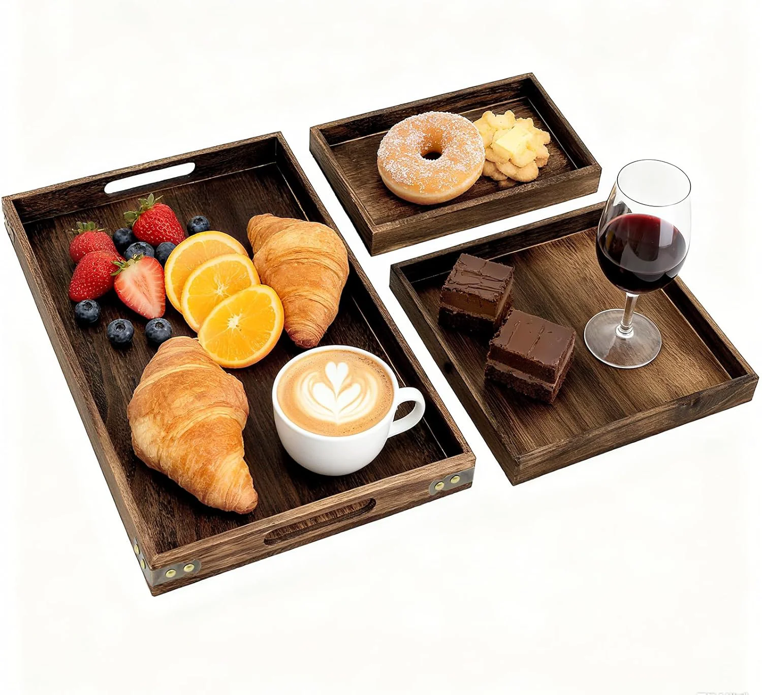 High-Grade Rustic Wooden Serving Trays with Handle Serving Platters Charcuterie Board Set of 3 Nesting Food Trays for Serving Food Optimized