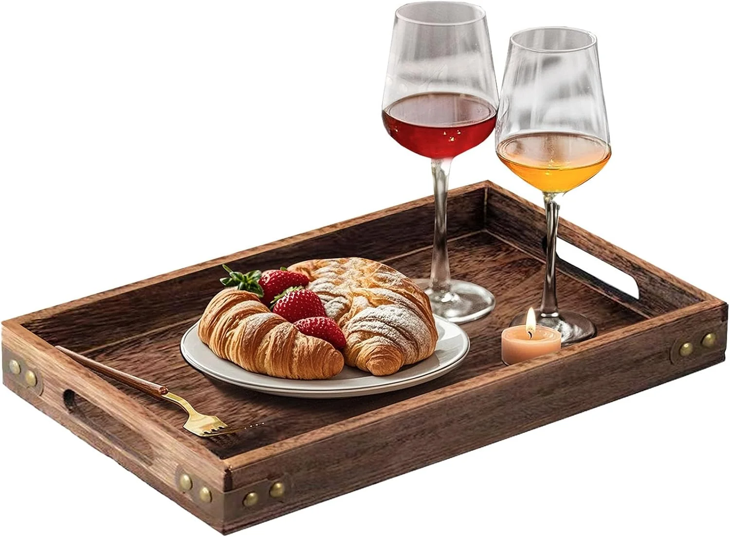 Convenient Wood Serving Tray with Handles for Breakfast in Bed Coffee Table 15.8 x 11 Inches Rectangular Pine Wood Decorative Tray Ottoman Decorative Trays Platter for Living Room Bar Party Fine Crafted