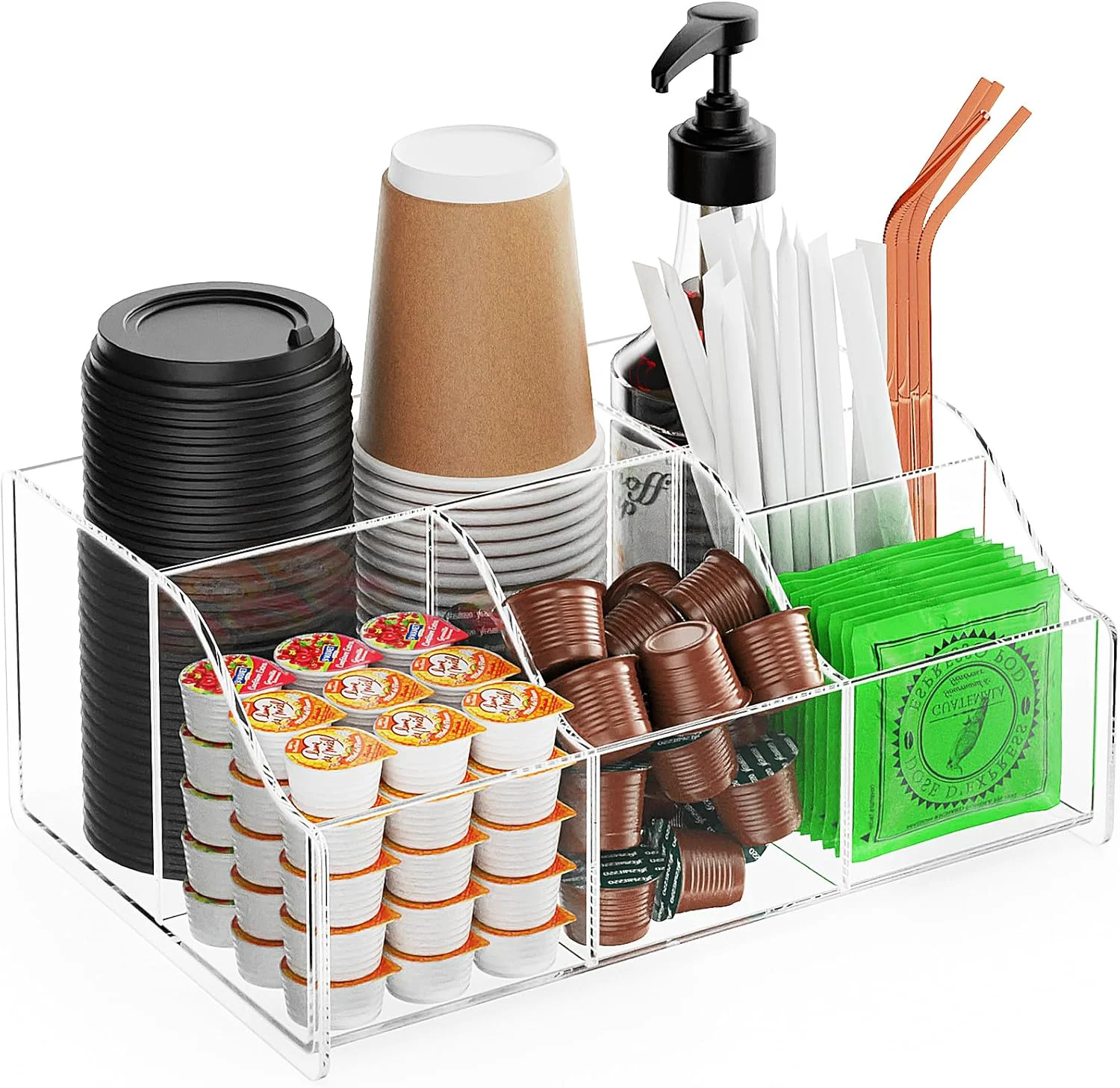 Certified Acrylic Coffee Bar Organizer Station - Multiple Compartments - Kitchen Bar Tools Storage Rack - Beverage Station Organizer for Coffee Creamer Syrup Advanced