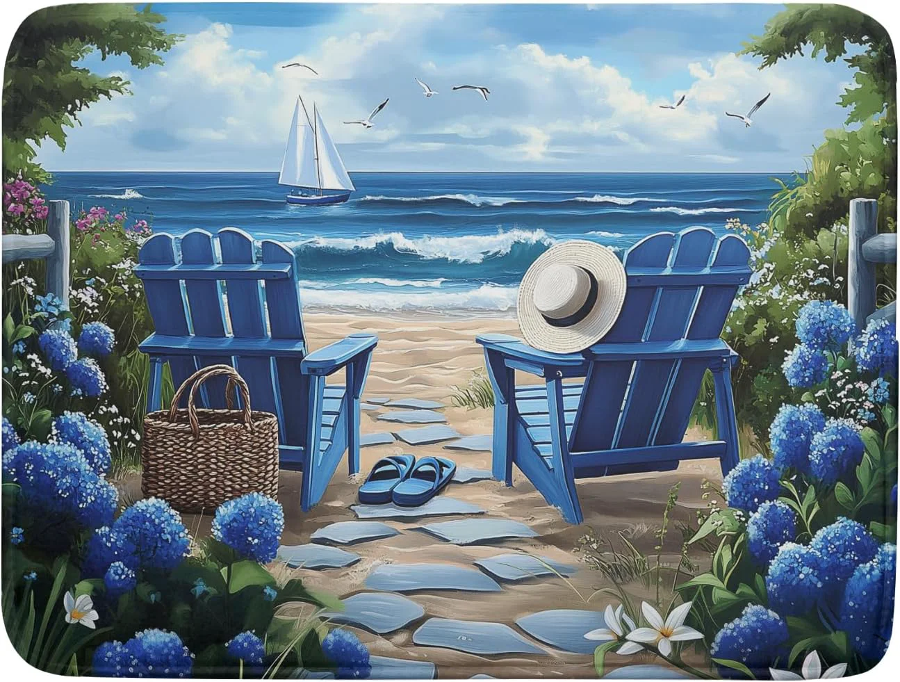 Healthy Summer Beach Chairs Dish Drying Mat Sea Wave Blue Floral Drying Mat fo Kitchen Counter 16 x18 Absorbent Reversible Kitchen Mat Non-Slip Ocean Themed Top-Quality