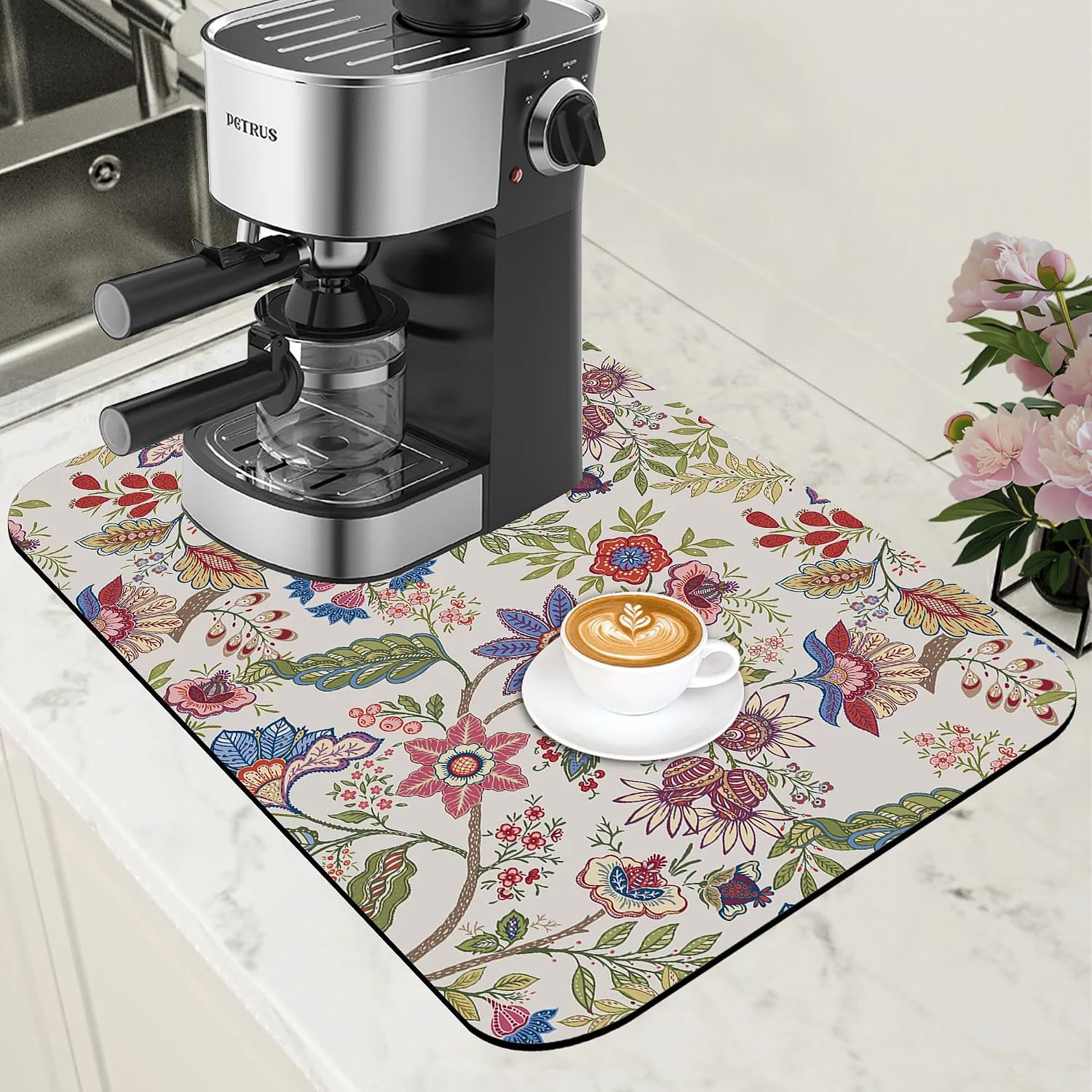 Functional Colorful Flowers Dish Drying Mat for Kitchen Counter Bar Mat Hide Stain Absorbent Rubber Backed Coffee Maker Espresso Machine Bar Accessories 11.8 x 19.7 Inch Prestigious