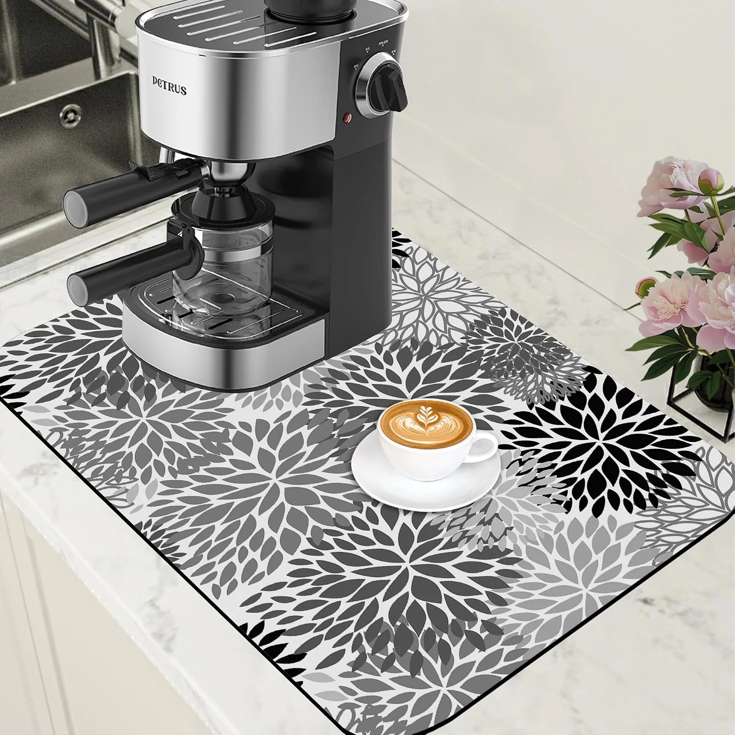 Smart Dish Drying Mat Black and White Chrysanthemum Flower Coffee Bar Absorbent Rubber Backed Hide Stain Dish Drainer Rack Coffee Maker Pot Dining Room Decoration 15.7 x 23.6 Inch Exceptional