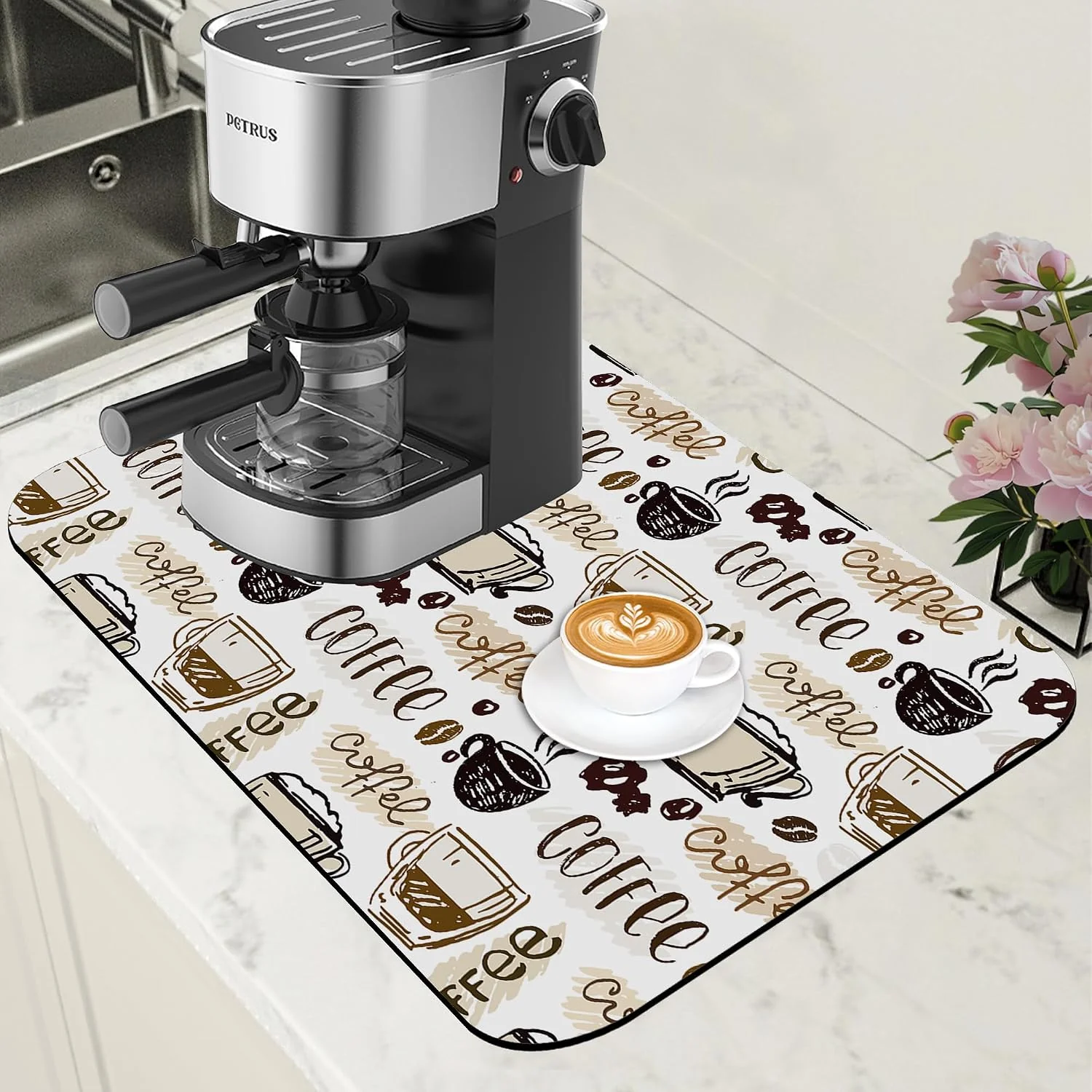 Specialty Coffee Cute Doodle Dish Drying Mat for Kitchen Counter Coffee Bar Mat Hide Stain Absorbent Rubber Backed Drying Rack Pad Fit Espresso Machine Table Accessories 11.8 x 19.7 Inch Long-Lasting