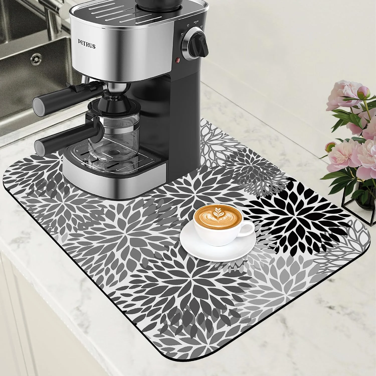 Artisan Dish Drying Mat Black and White Chrysanthemum Flower Coffee Bar Mat Absorbent Coffee Mat Rubber Backed Hide Stain Dish Drainer Rack Mat Coffee Maker Coffee Pot Dining Room Decoration 11.8 x 19.7 Inch Premium
