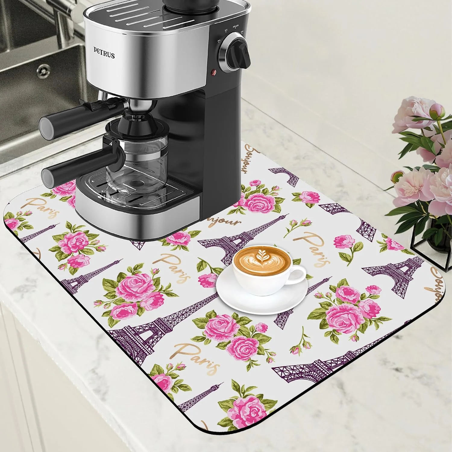 World-Class Eiffel Tower with Pink Rose Coffee Mat Absorbent Dish Drying Mat for Kitchen Counter Hide Stain Rubber Backed Coffee Bar Accessories Fit Under Espresso Machine Dish Drainer 11.8 x 19.7 Inch Healthy