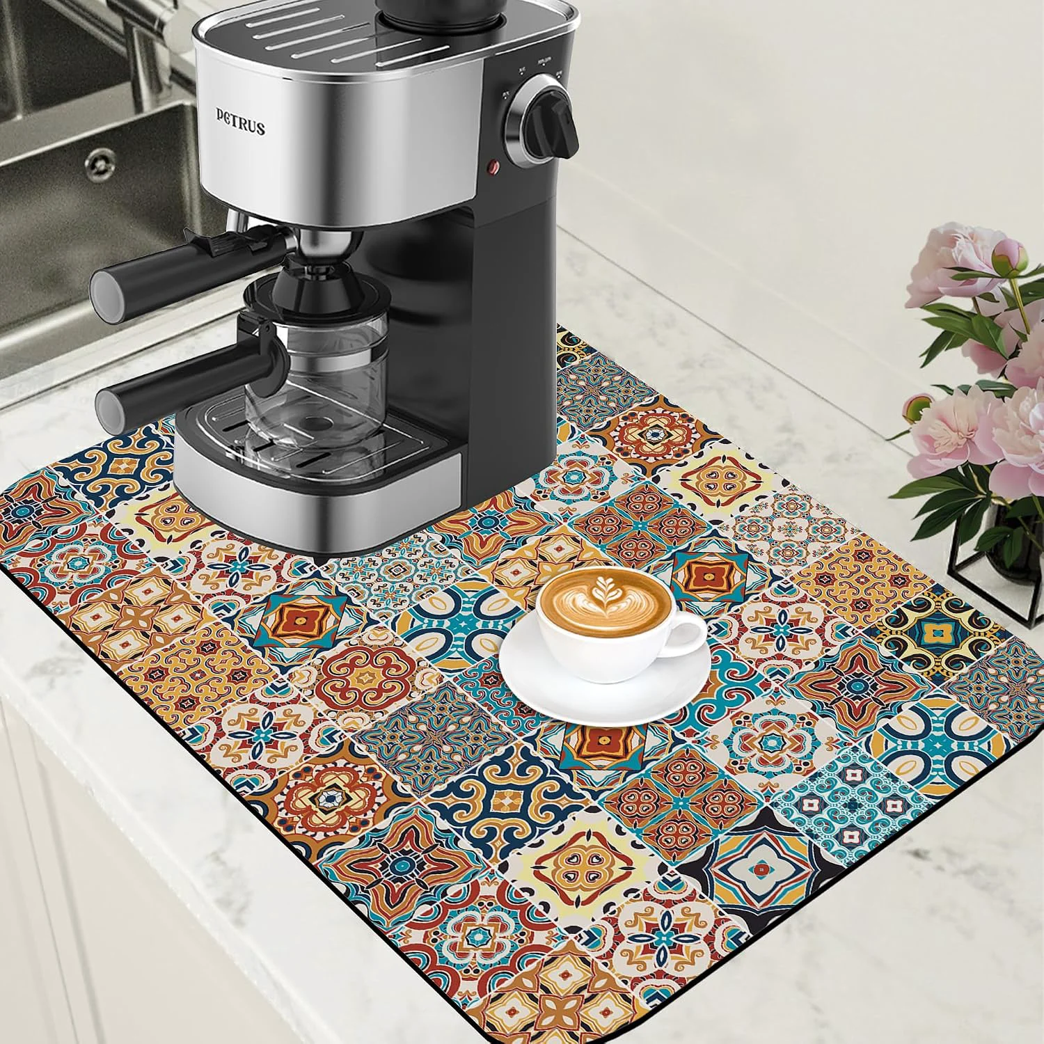 Top-Quality Dish Drying Mat Multicolor Portuguese Tiles Coffee Bar Mat for Countertop Absorbent Rubber Backed Hide Stain Dish Drainer Rack Pad Coffee Maker Espresso Machine Dining Room Decor 15.7 x 23.6 Inch Fine