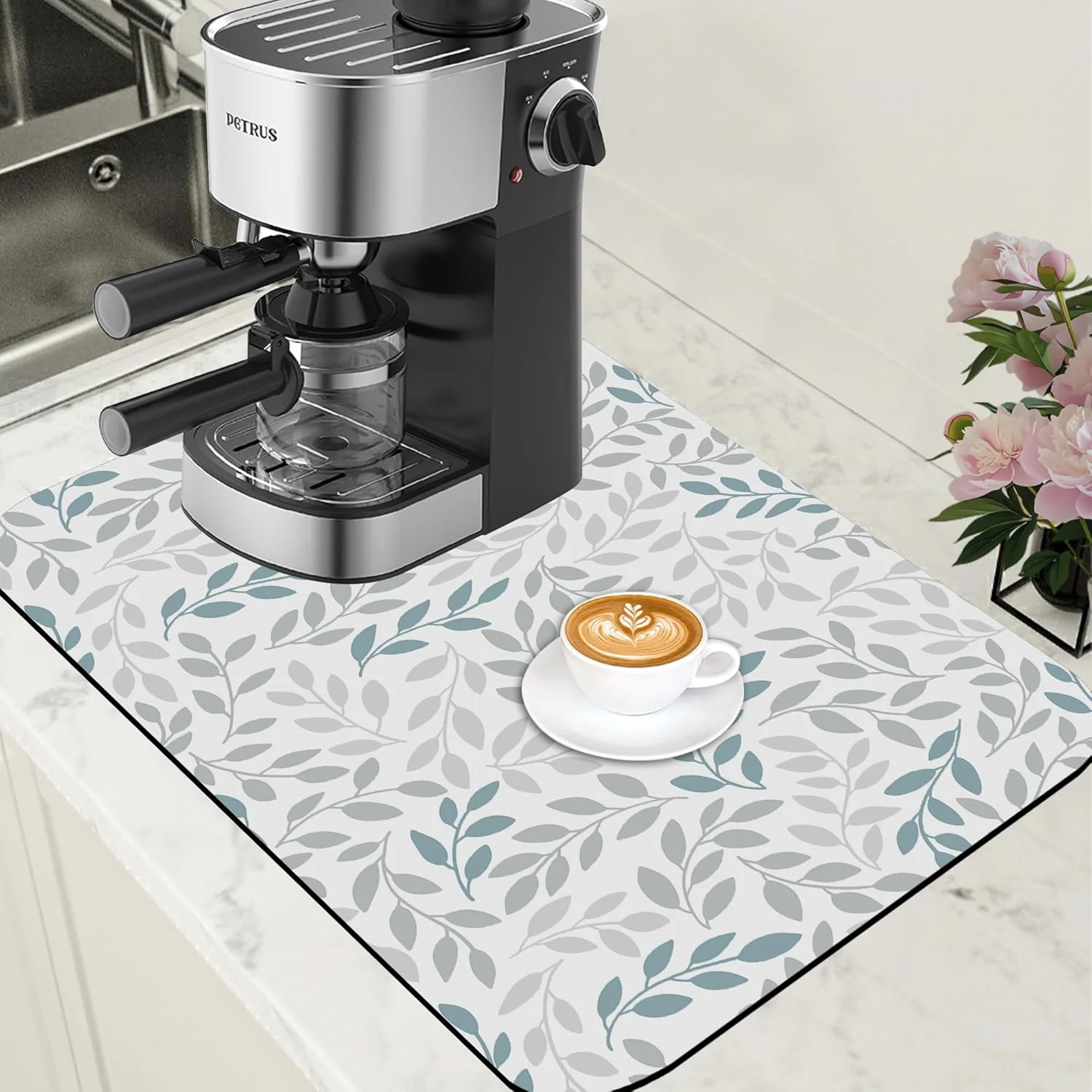 Sustainable Grey and Blue Leaves Branches Dish Drying Mat for Kitchen Counter Bar Mat Hide Stain Absorbent Rubber Backed 15.7 x 23.6 Inch Stylish