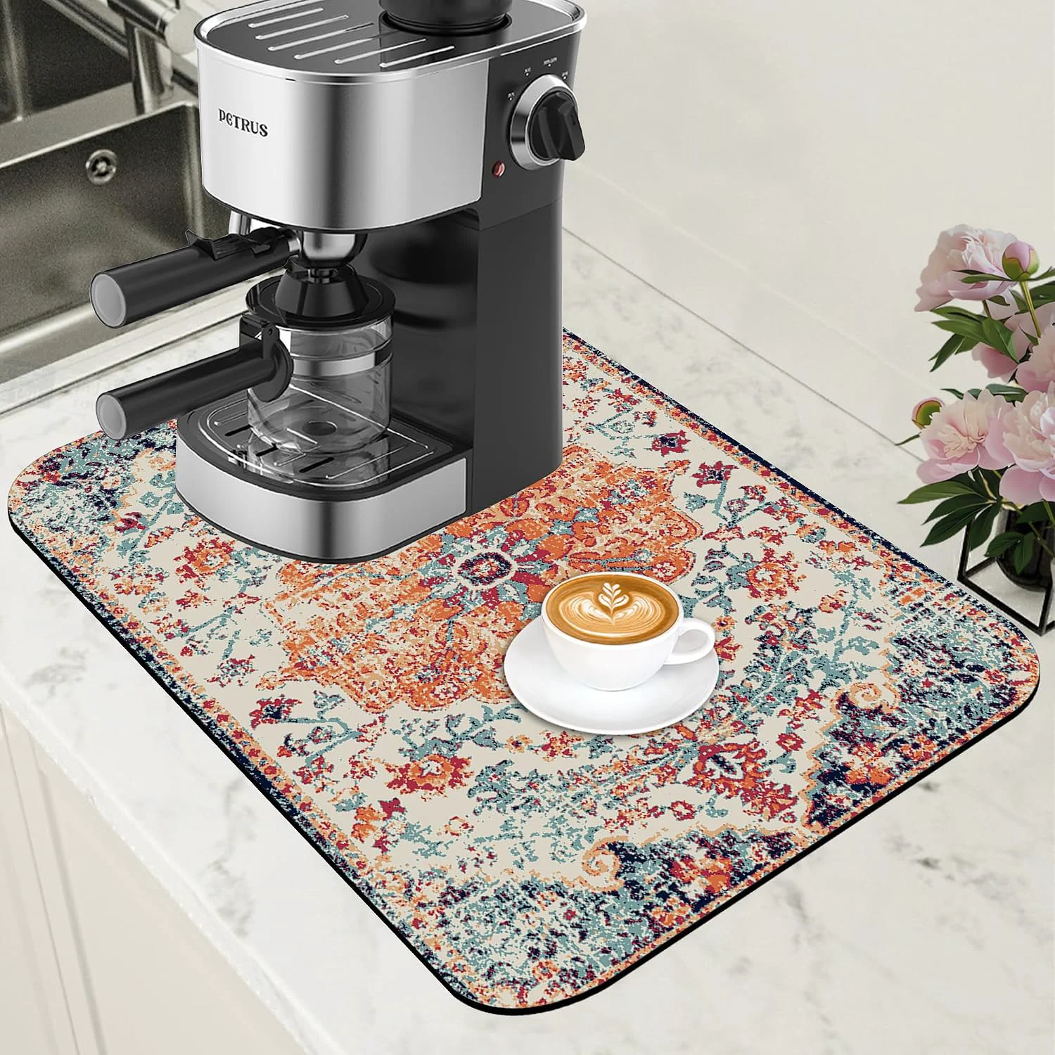 Recyclable Persian Vintage Boho Carpet Coffee Mat Dish Drying Mat for Kitchen Counter Absorbent Hide Stain Rubber Backed Coffee Bar Accessories Fit Under Espresso Machine Dish Drainer 11.8 x 19.7 Inch Exceptional
