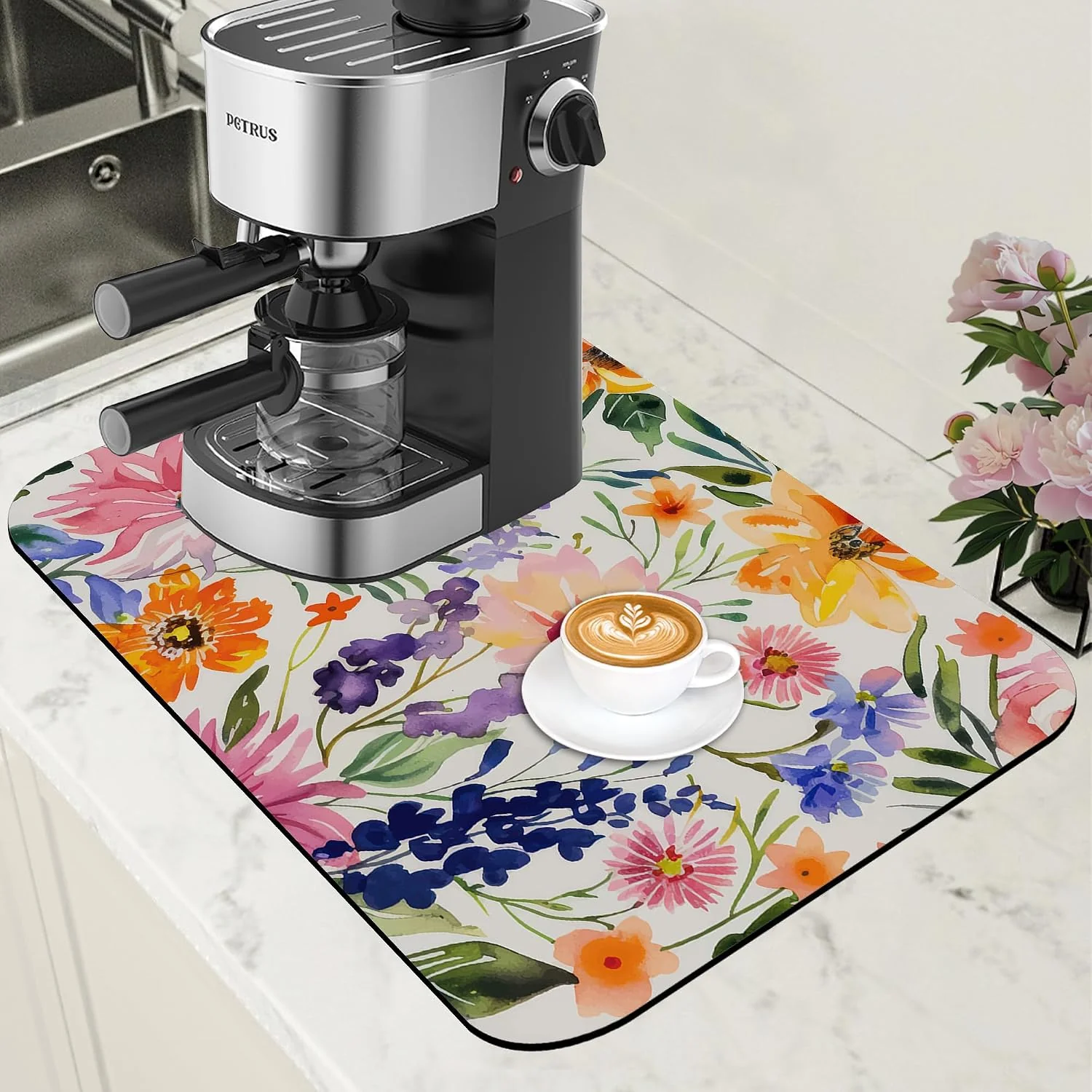 Prestigious Dish Drying Mat Colorful Wildflowers Coffee Bar Mat for Countertop Absorbent Rubber Backed Hide Stain Dish Drainer Rack Pad Espresso Machine Cafe Table Dining Room Decoration 11.8 x 19.7 Inch Sustainable