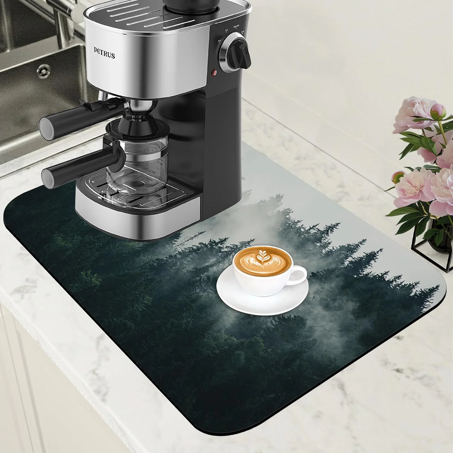 Excellent Foggy Forest Coffee Mat Absorbent Dish Drying Mat for Kitchen Counter Hide Stain Rubber Backed Coffee Bar Accessories Fit Under Espresso Machine Dish Drainer 11.8 x 19.7 Inch Stylish