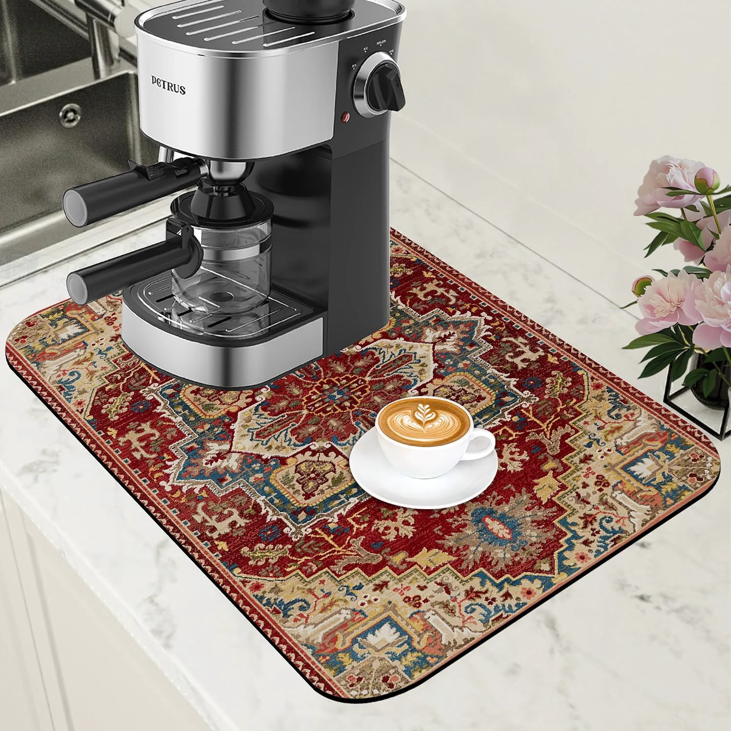 First-Class Boho Dish Drying Mat Persian Tribal Coffee Bar Mat for Countertop Absorbent Rubber Backed Hide Stain Dish Drainer Rack Pad Coffee Maker Espresso Machine Dining Room Decoration 11.8 x 19.7 Inch Convenient