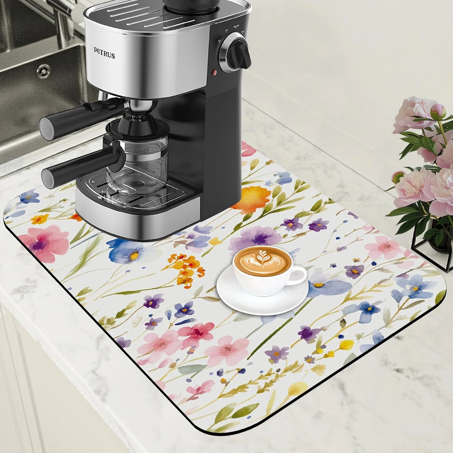 Powerful Watercolor Floral Meadow Coffee Mat Absorbent Dish Drying Mat for Kitchen Counter Hide Stain Rubber Backed Coffee Bar Accessories Fit Under Espresso Machine Dish Drainer 11.8 x 19.7 Inch Prestigious