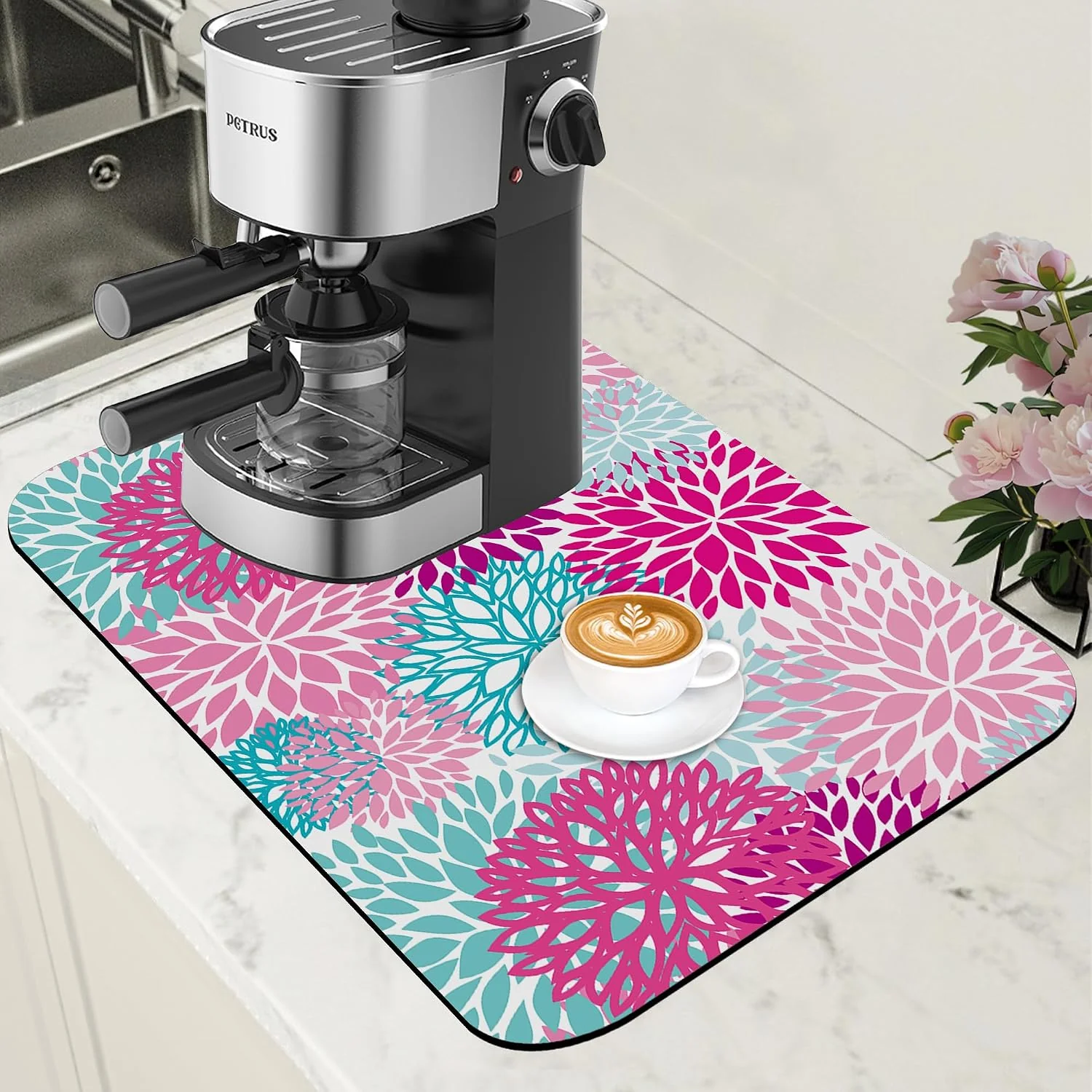 Sophisticated Pink Blue Chrysanthemum Flowers Dish Drying Mat for Kitchen Counter Coffee Bar Mat Hide Stain Absorbent Rubber Backed Drying Rack Pad Espresso Machine Coffee Bar Accessories 11.8 x 19.7 Inch Efficient