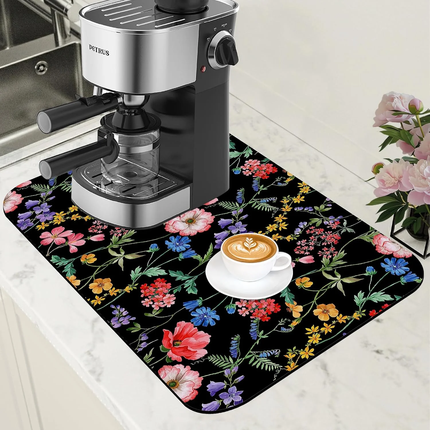Effective Beautiful Flowers Dish Drying Mat for Kitchen Counter Coffee Bar Mat Hide Stain Absorbent Rubber Backed Coffee Mat Coffee Maker Espresso Machine Coffee Bar Accessories 11.8 x 19.7 Inch Recyclable
