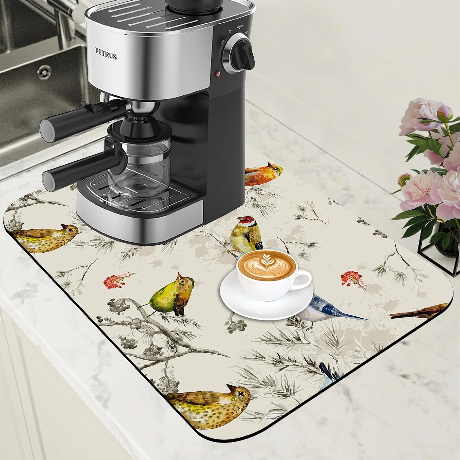 User-Friendly Cute Birds Coffee Mat Absorbent Dish Drying Mat for Kitchen Counter Hide Stain Rubber Backed Coffee Bar Accessories Fit Under Espresso Machine Cafe Table 11.8 x 19.7 Inch Elegant