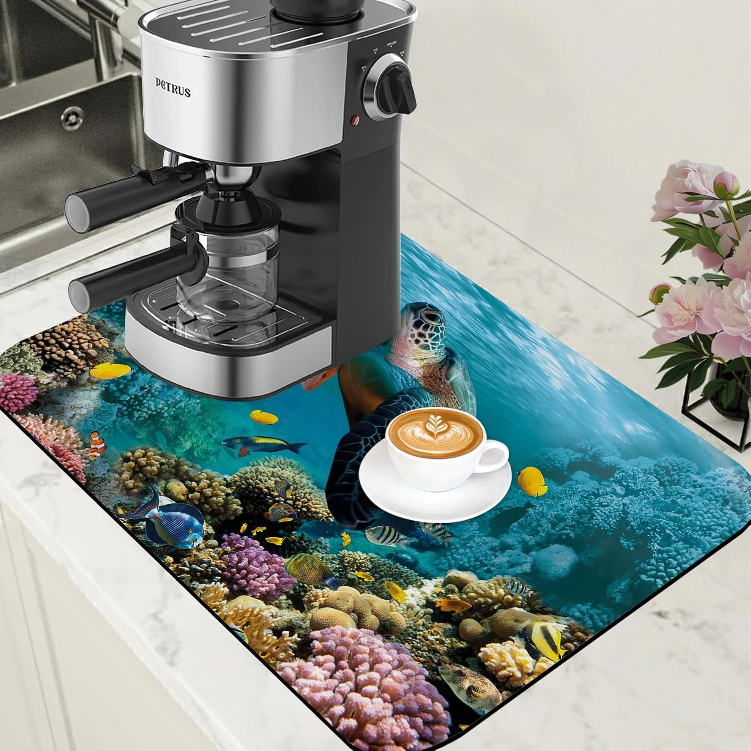High-End Sea Turtle Coffee Mat Absorbent Dish Drying Mat for Kitchen Counter Hide Stain Rubber Backed Coffee Bar Accessories Fit Under Espresso Machine Dish Rack 15.7 x 23.6 Inch Healthy
