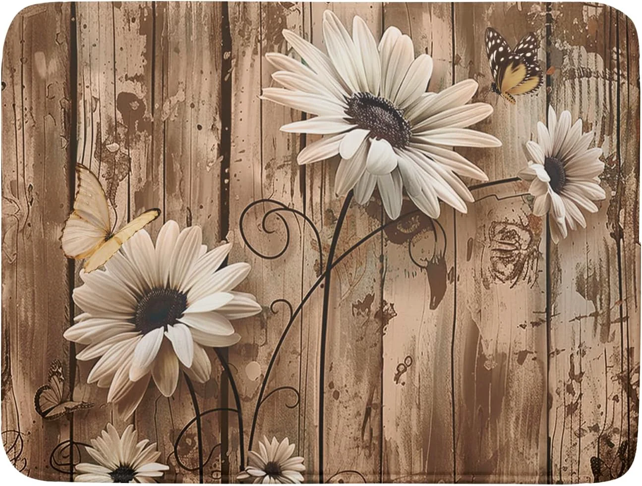 Premium Material Summer Daisy Flowers Dish Drying Mat for Kitchen Counter 16x18in Rustic Wood Floral Kitchen Mat Daisy Microfiber Absorbent Dish Drainer Mat Fast Dry Soft